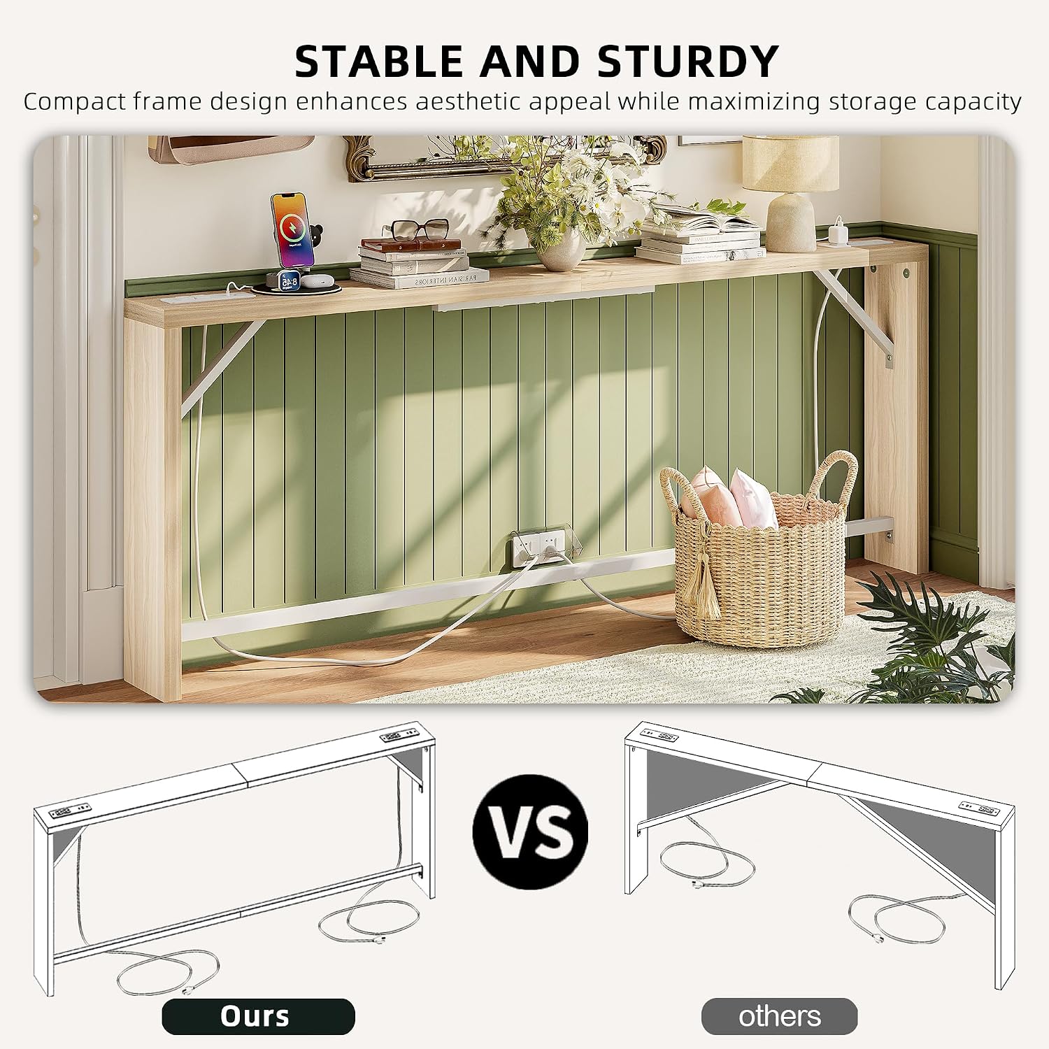 TIQLAB Sofa Table, 79 inch (1.2'' Thick Tabletop) Long Console Table Behind Couch, Narrow Entryway Table with Angled Metal Frame, Industrial Console Table for Entryway, Light Walnut