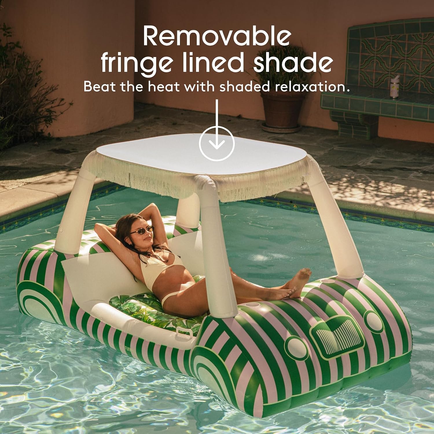 FUNBOY Palm Print Golf Cart Pool Float 90' Long, Two Cup Holders, Removable Fringe Shade, Float for Summer Pool Party and Entertainment