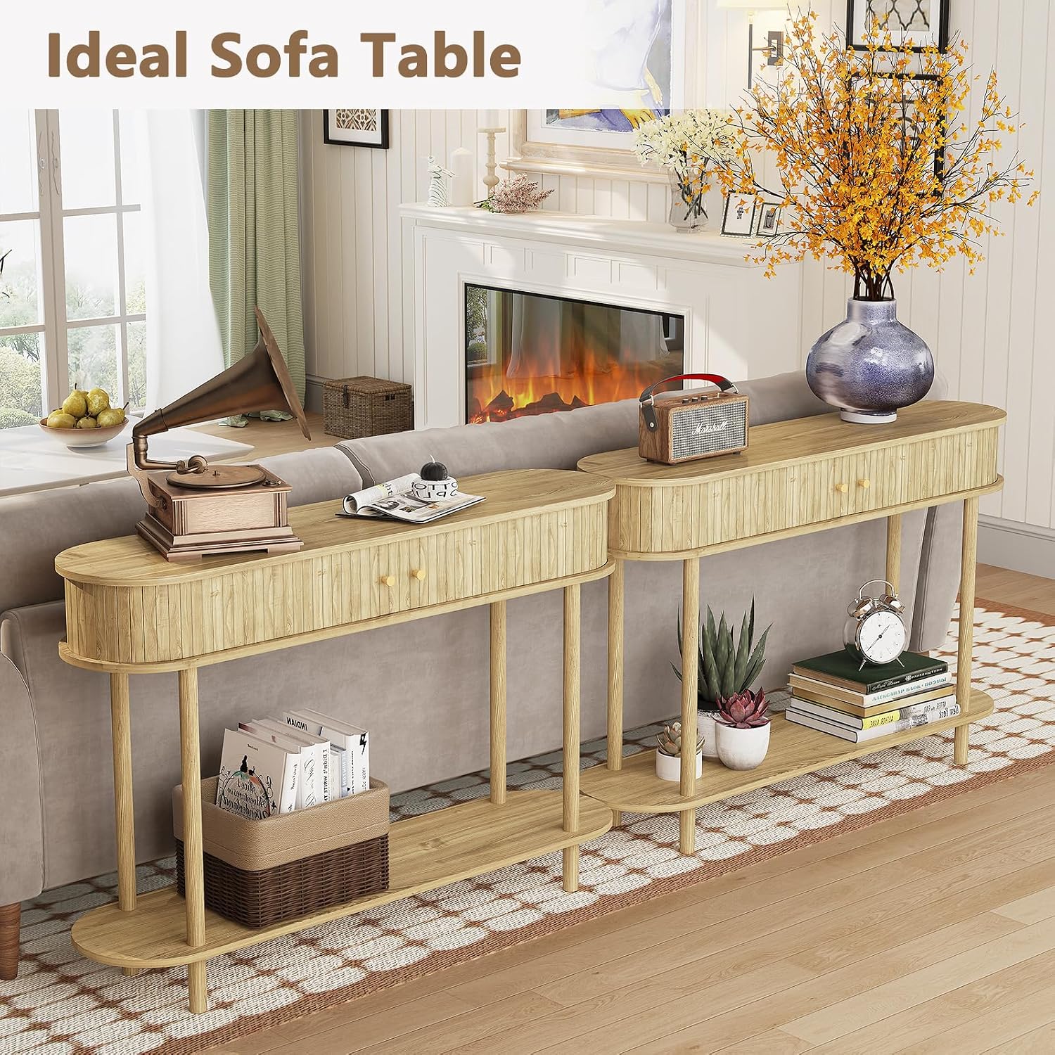 ARTPOWER 47.2' Modern Entryway Table with Wood Tambour Door, Accent Behind Couch Sofa Console Table with Storage, Fluted Side Table for Hallway, Living Room, Foyer, Natural Wood