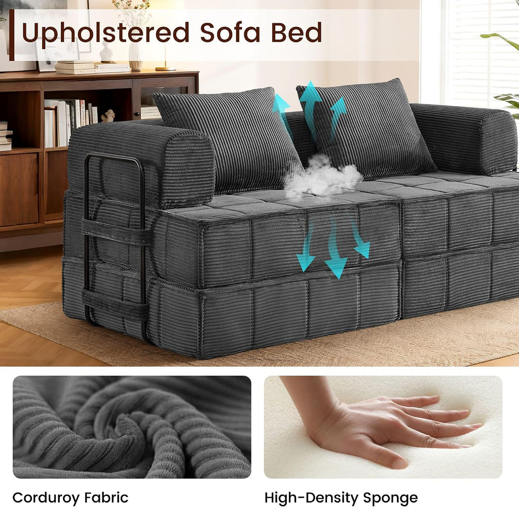Korser Folding Convertible Sofa Bed, Corduroy Upholstered Boneless Couch, Small Sectional Cloud Couch, Loveseat Sleeper Sofa, Modular Futon Floor Sofa Couch for Living Room Bedroom Lounge, No Assembly