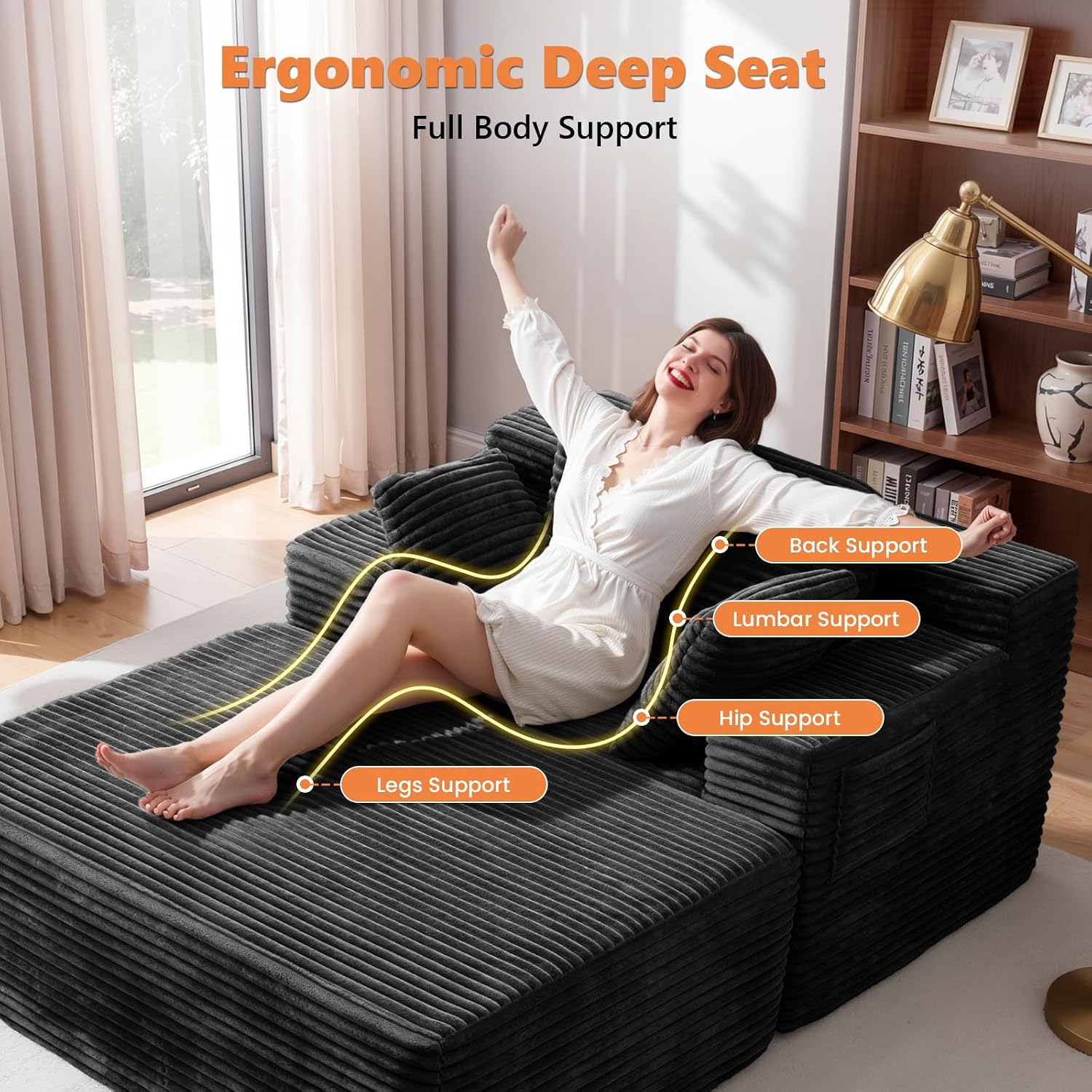67' Oversized Chaise Lounge Chair Indoor with Ottoman and Double Side Pockets, Corduroy Deep Seat Couch, Boneless Couches for Living Room, No Assembly, Black