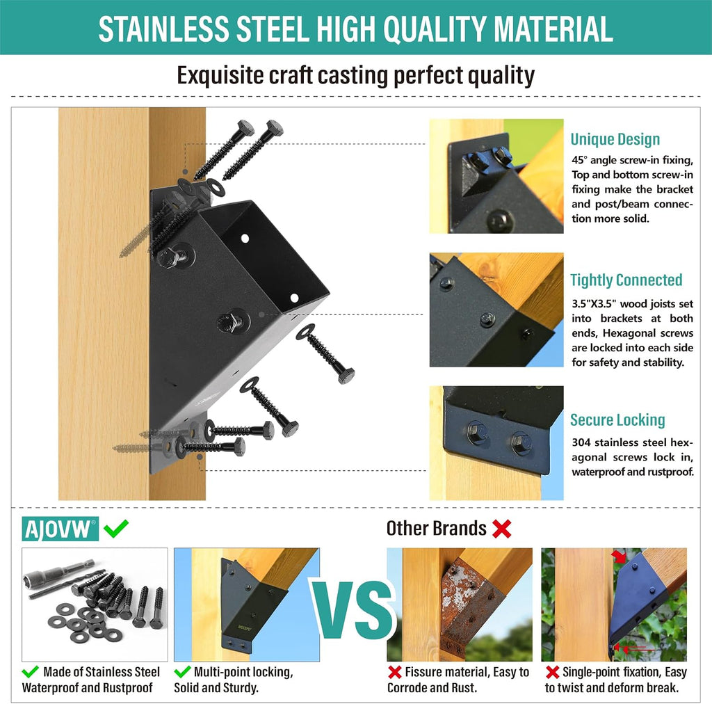 AJOVW-8 Pcs 45 Degree Angle Support Bracket, Suitable for 4''x4'' Support Wooden Posts (Actual Size: 3.5''x3.5''), Suitable for Slides, Gazebos, Garages, Decks, Sheds, Patios and Other Scenes.