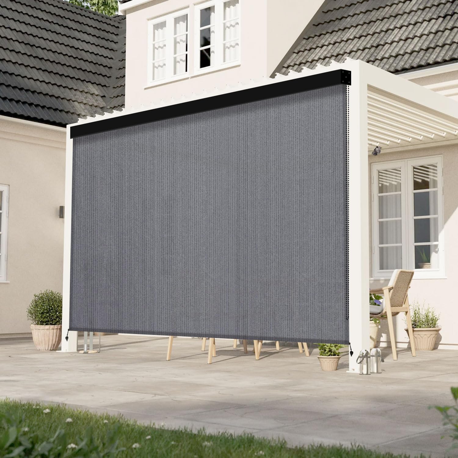 Outdoor Roller Shade, Exterior Patio Corded Blinds with Aluminum Valance Roll Up Shades for Porch Balcony Backyard (7' W X 8' L), Anthracite Grey