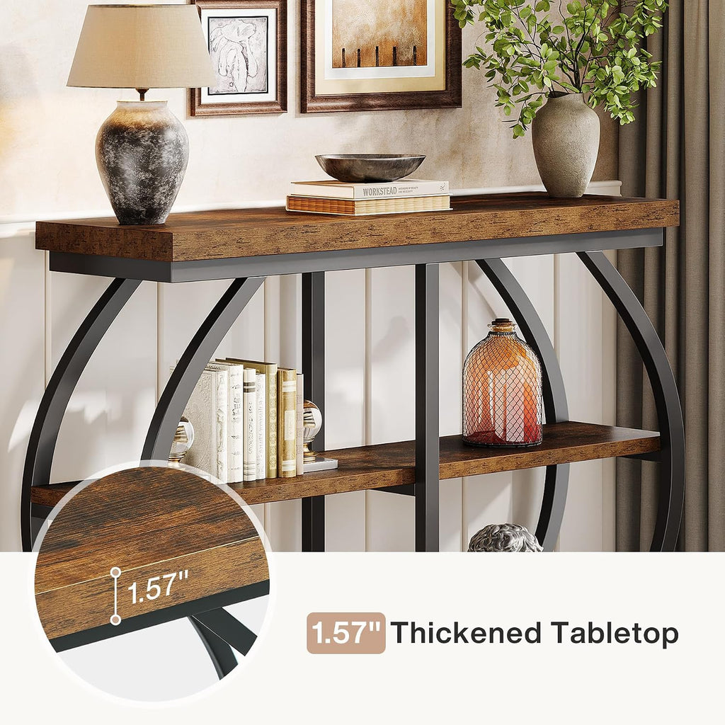 Tribesigns 41.3' Console Table, Industrial 3-Tier Entryway Table with Arched Metal Frame and Storage Shelves for Living Room, Hallway, Rustic Brown