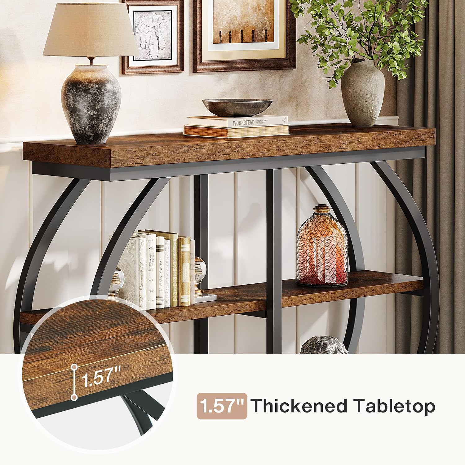 Tribesigns 41.3' Console Table, Industrial 3-Tier Entryway Table with Arched Metal Frame and Storage Shelves for Living Room, Hallway, Rustic Brown