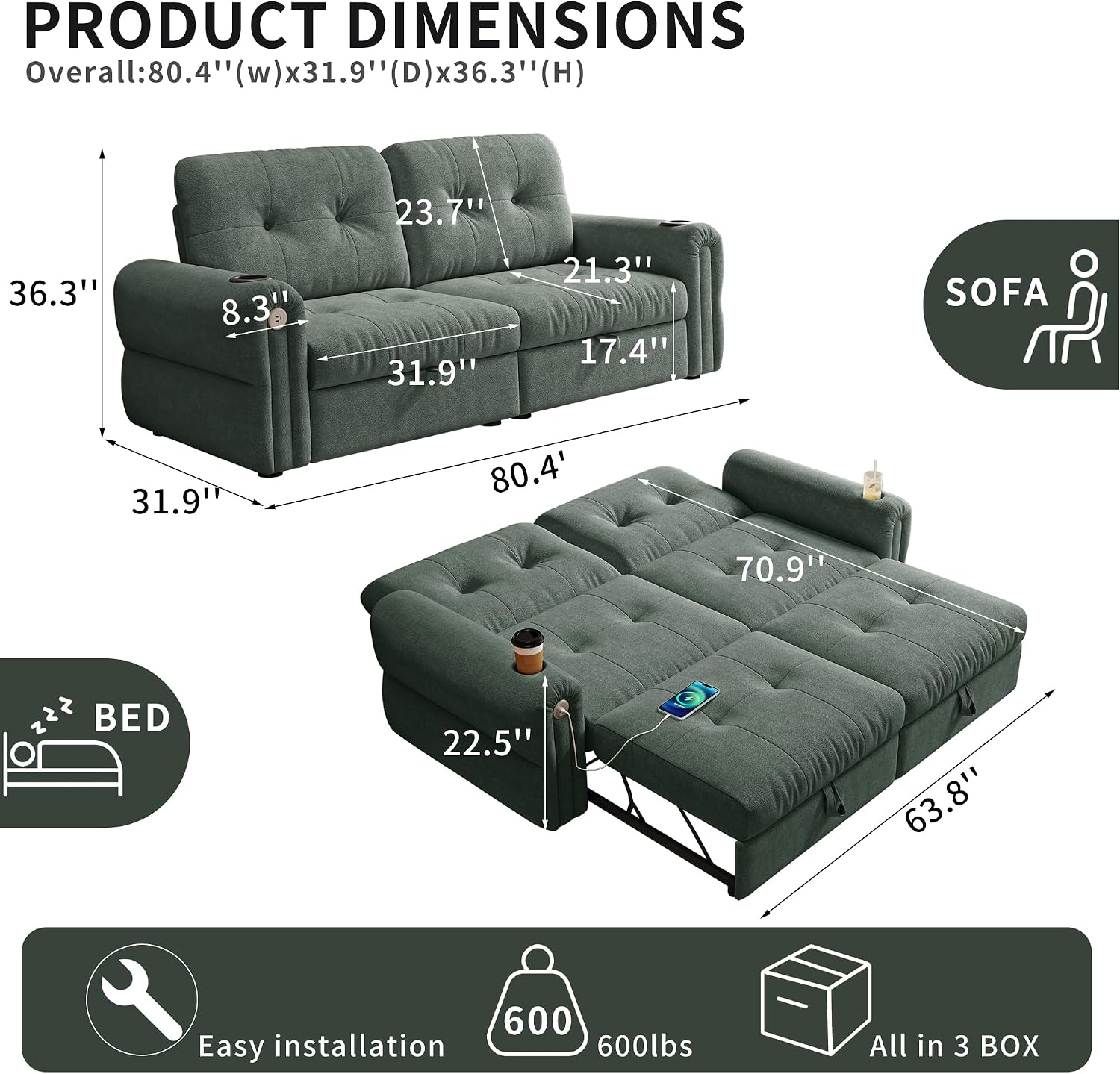 80.4' Queen Sleeper Sofa Bed, 3 in 1 Convertible Pull Out Couch with USB Ports & Cup Holders, Modern Chenille Loveseat Sofabed with Adjustable Backrest for Living Room, Bedroom, Apartment