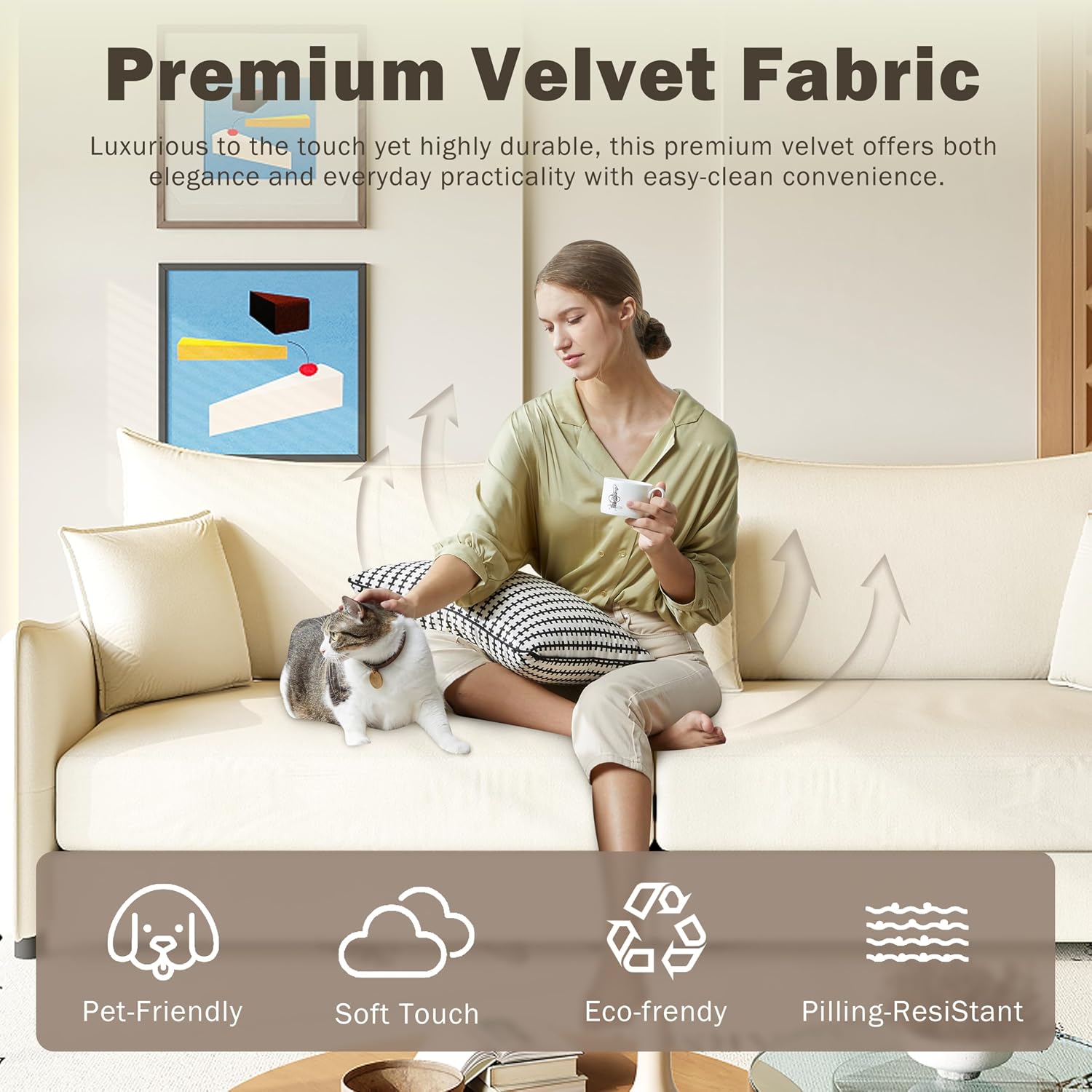 81.9' Sleeper Sofa Bed King Size, 3-in-1 Convertible Couch, Modern Pull Out Couches, Comfy Velvet Futon Sofa, Cloud Loveseat Lounge, 3 Pillows, for Small Spaces, Living Room, Gold Beige