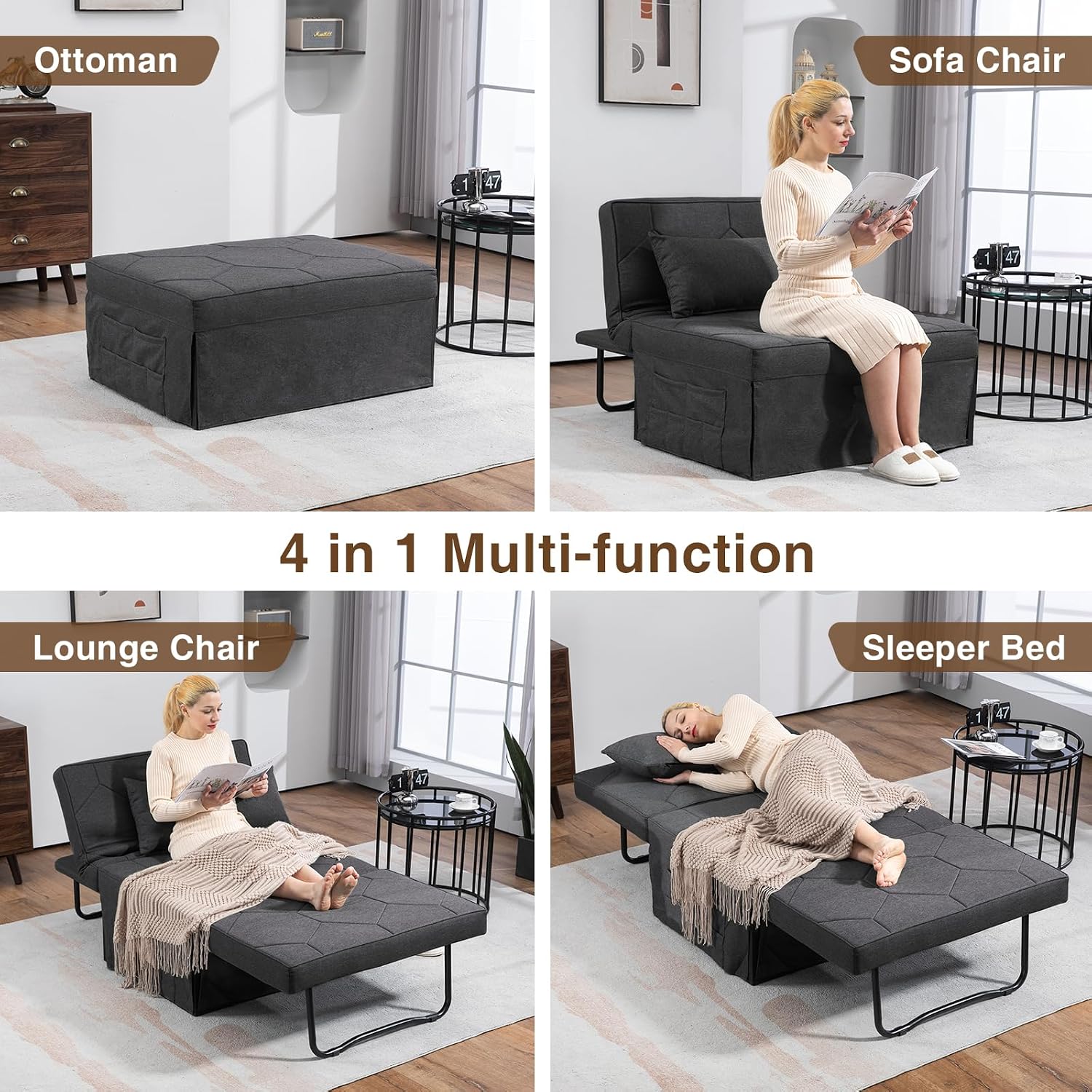 4 in 1 Sleeper Chair, Convertible Sleeper Sofa with Ottoman, Ottoman Bed for Adults, Sofa Bed with Adjustable Backrest for Living Room Apartment Office, Dark Grey