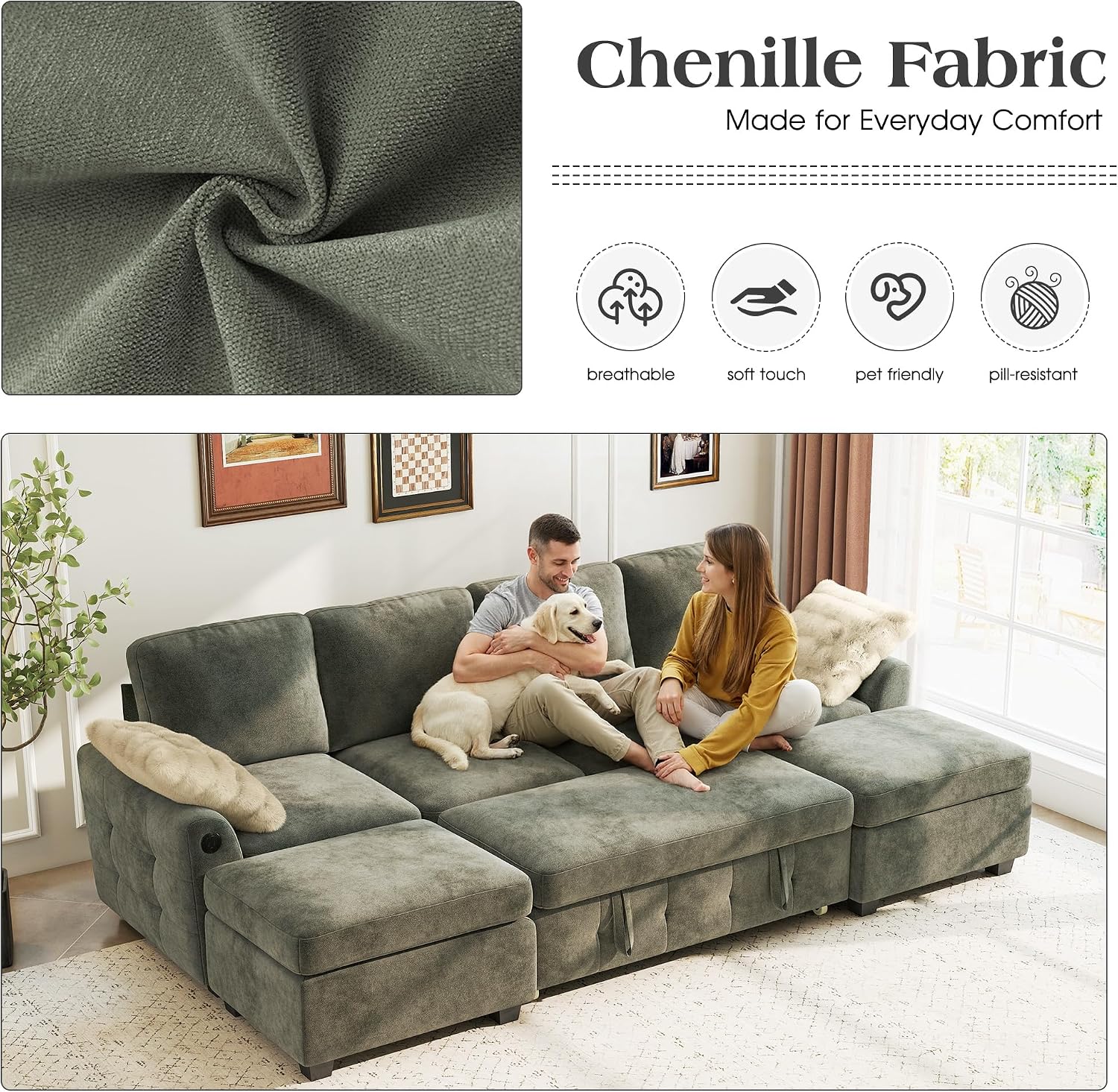 Ihanherry L-Shaped Sectional Sofa Bed, 6-Seater Convertible Pull Out Sleeper with Storage Ottoman, USB Charging Ports & Wide Armrests, Premium Chenille Fabric for Large Living Room, Apartment（Gray）