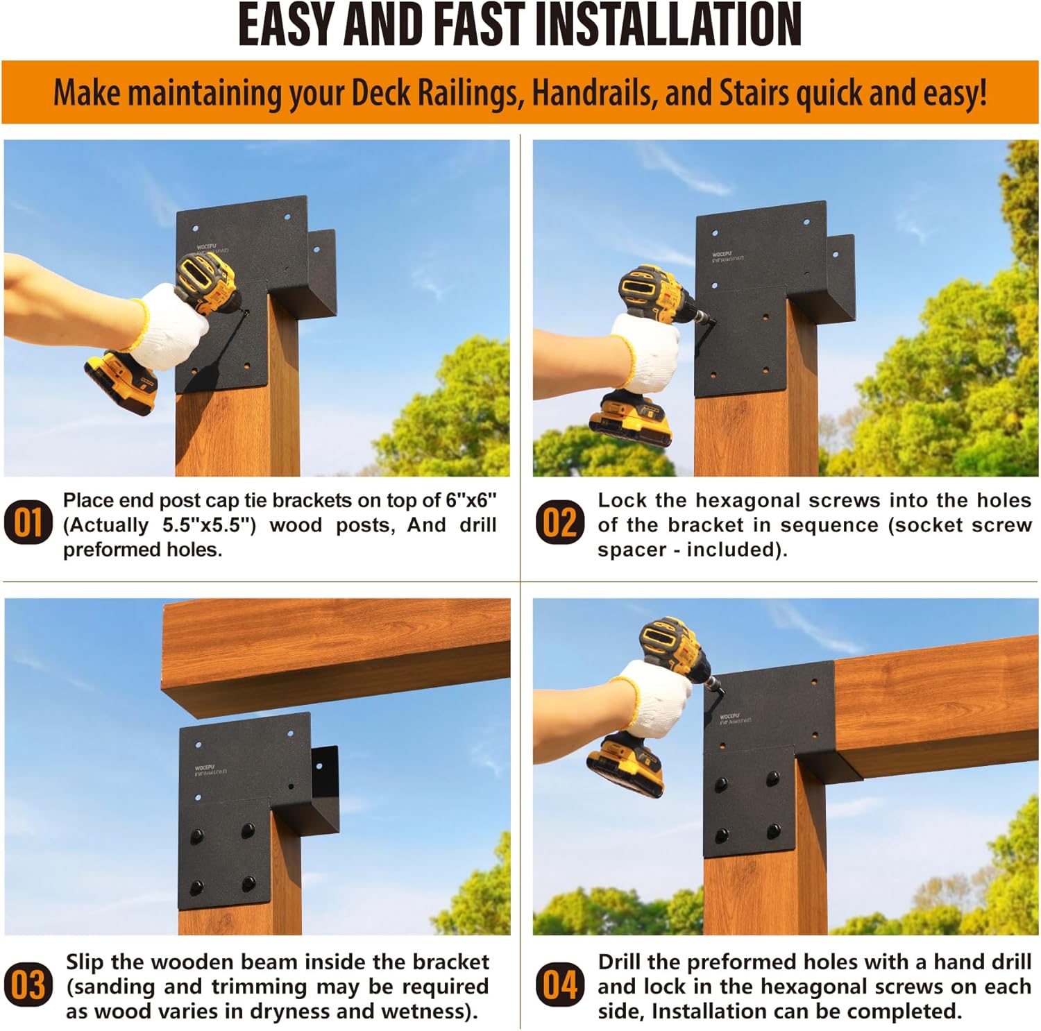 2 Pack Heavy Duty 6x6 (Actual 5.5'x5.5') Stainless Steel End Post Caps Tie Bracket , Fit Connecting Wood Gazebo, Deck Patio Post and Wood Beams Bracket (Dark Ggray)