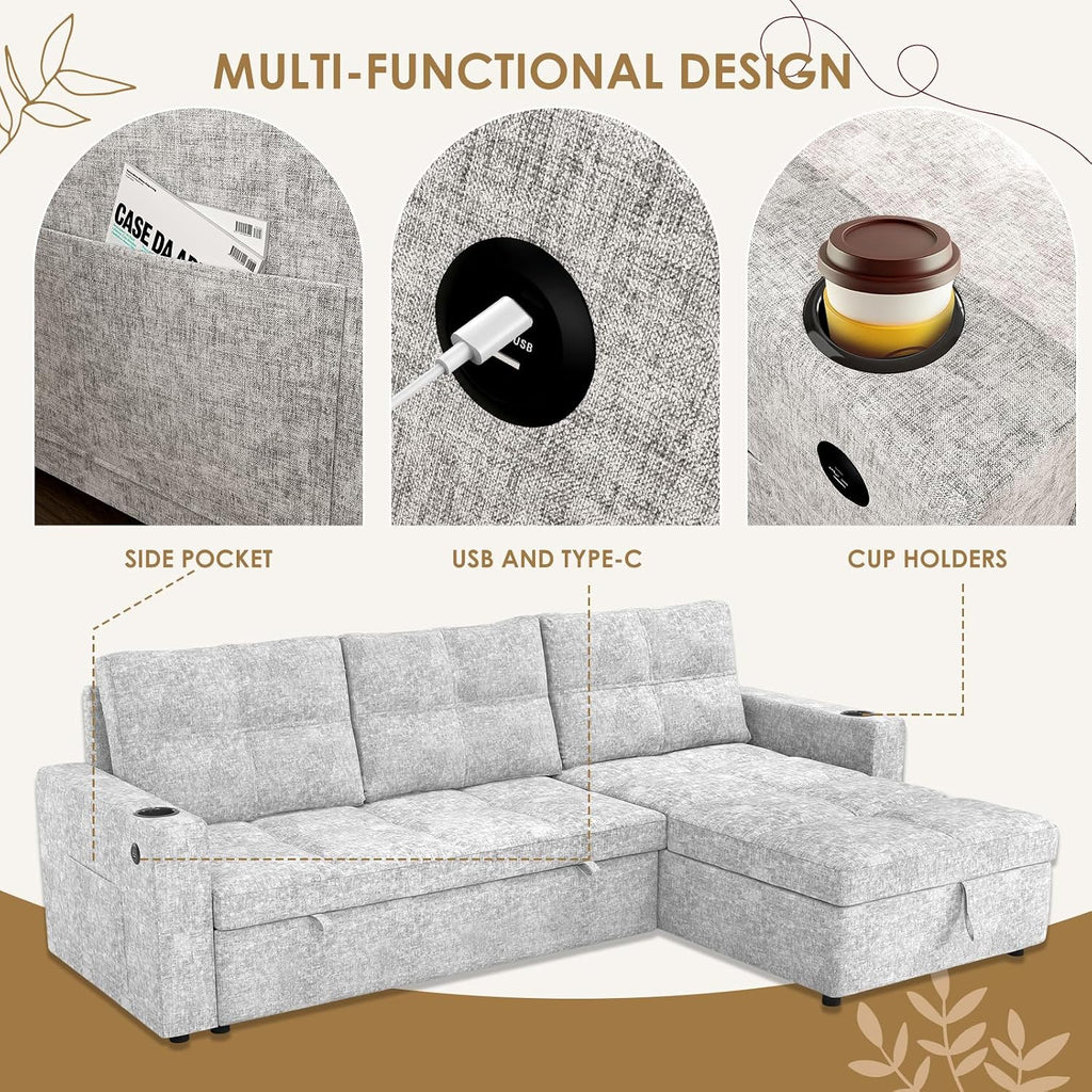 85 inch Large Sleeper Sofa Bed,L Shaped Sectional Couch Bed,2 in 1 Pull Out Couches with Convertible Storage Chaise,USB Charging,Cup Holders and Side Pockets Gray