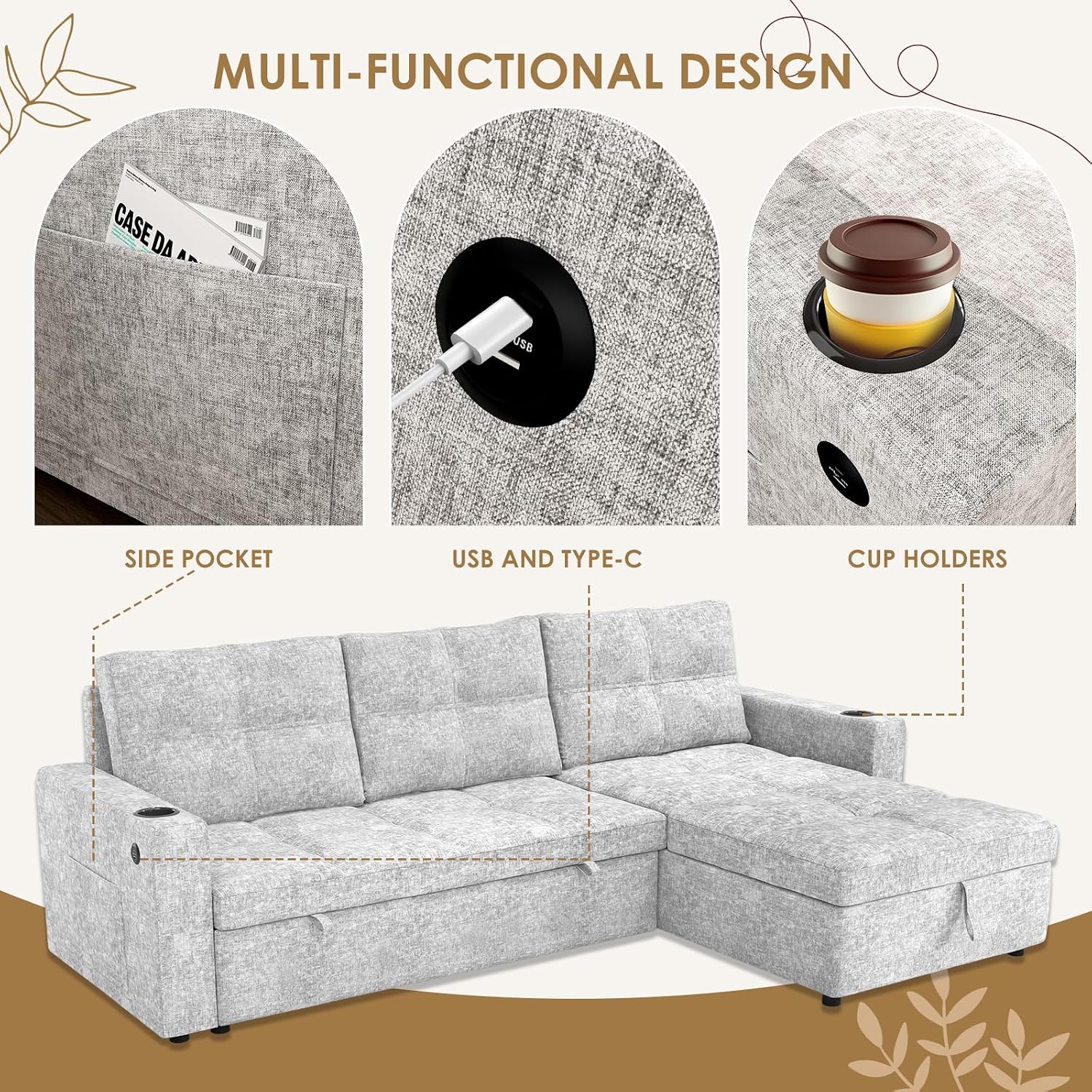 85 inch Large Sleeper Sofa Bed,L Shaped Sectional Couch Bed,2 in 1 Pull Out Couches with Convertible Storage Chaise,USB Charging,Cup Holders and Side Pockets Gray