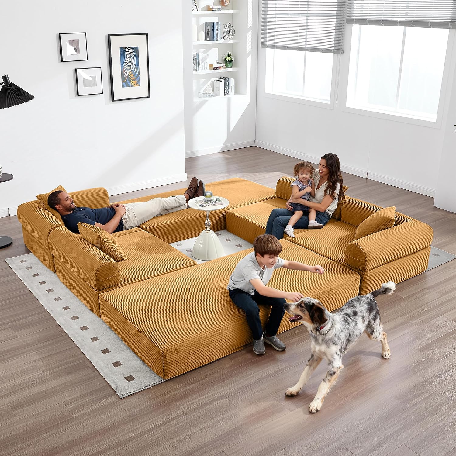 Oversized Modular Cloud Couch for Living Room, Corduroy L-Shaped Sectional Sleeper Sofa Bed with Fixed-Shape Frame, Modern Boneless Couch with Pillows & Storage, Yellow