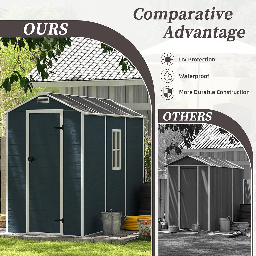 Campcraft 4x8ft Heavy Duty Resin Storage Shed - 12mm Thick PP Walls, Lockable Double Doors & HD Window, Waterproof Outdoor Garden Shed for Lawn Tools/Patio Furniture,Hurricane-Proof UV & Rust Proof