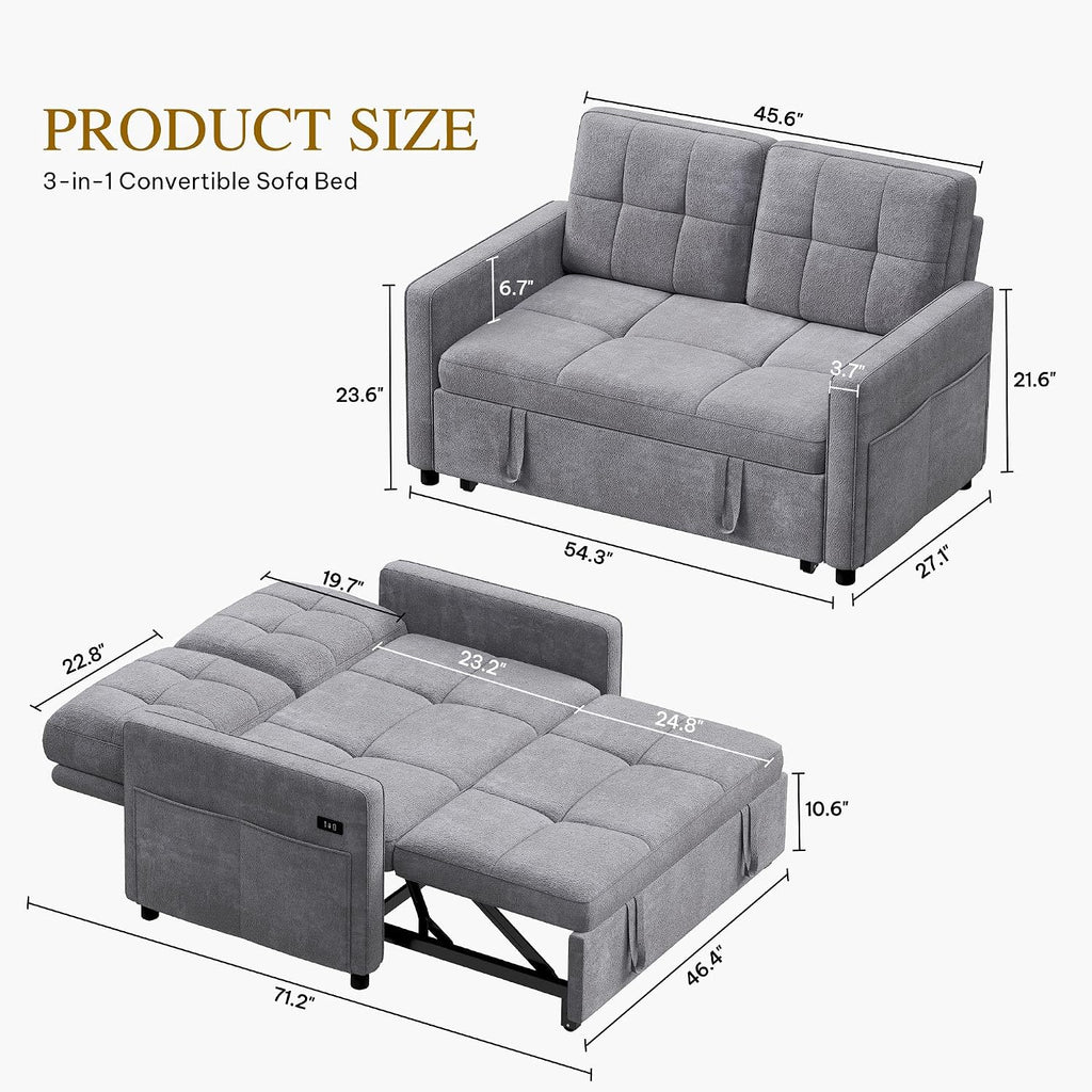 DWVO 55' Convertible Sofa Bed, 3-in-1 Sleeper Sofa with Pull-Out Bed, Velvet Futon Couch with Adjustable Backrest and USB, Modern Loveseat for Living Room Apartment, Light Grey