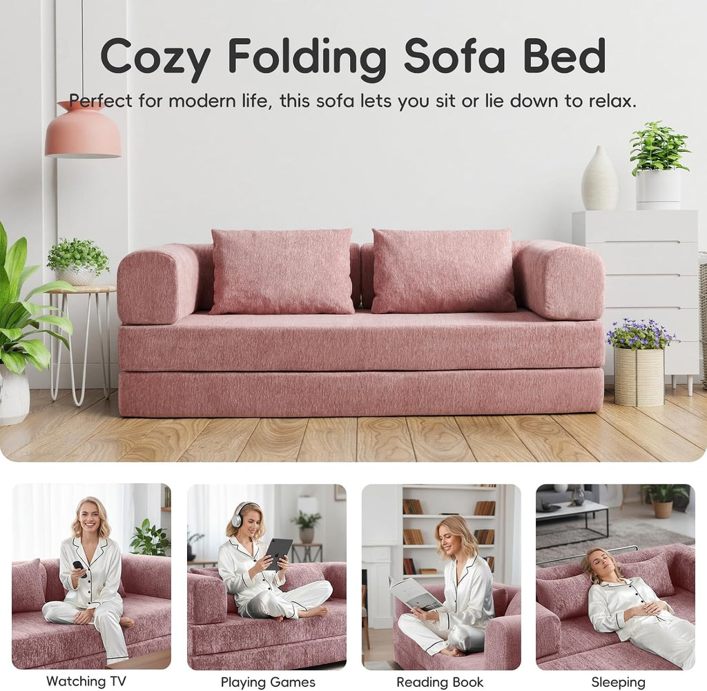 5-in-1 Convertible Folding Sofa Bed, 79' Queen Chenille Boneless Couch with Removable Armrests, No Assembly Loveseat Sleeper Sofa, Modular Futon Couch for Living Room & Bedroom (Pink)