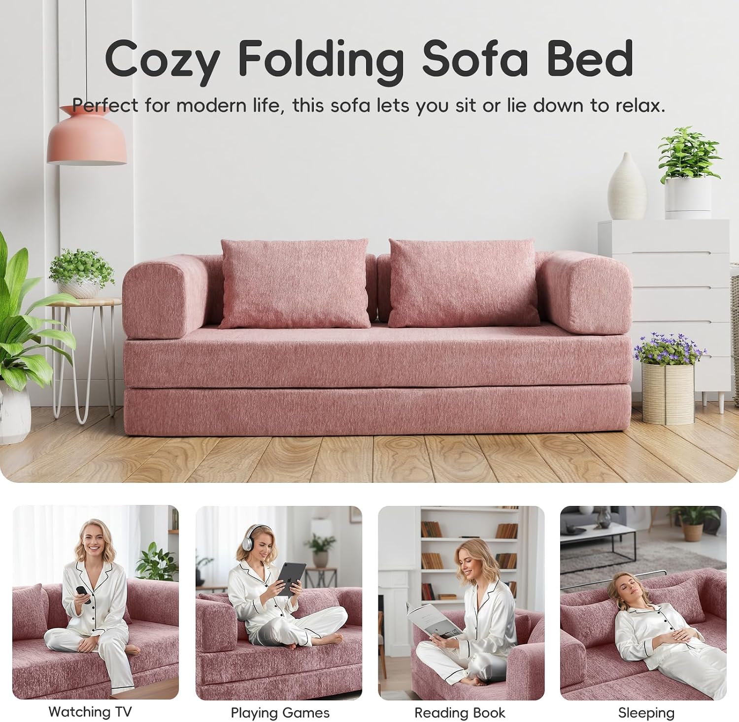 5-in-1 Convertible Folding Sofa Bed, 79' Queen Chenille Boneless Couch with Removable Armrests, No Assembly Loveseat Sleeper Sofa, Modular Futon Couch for Living Room & Bedroom (Pink)