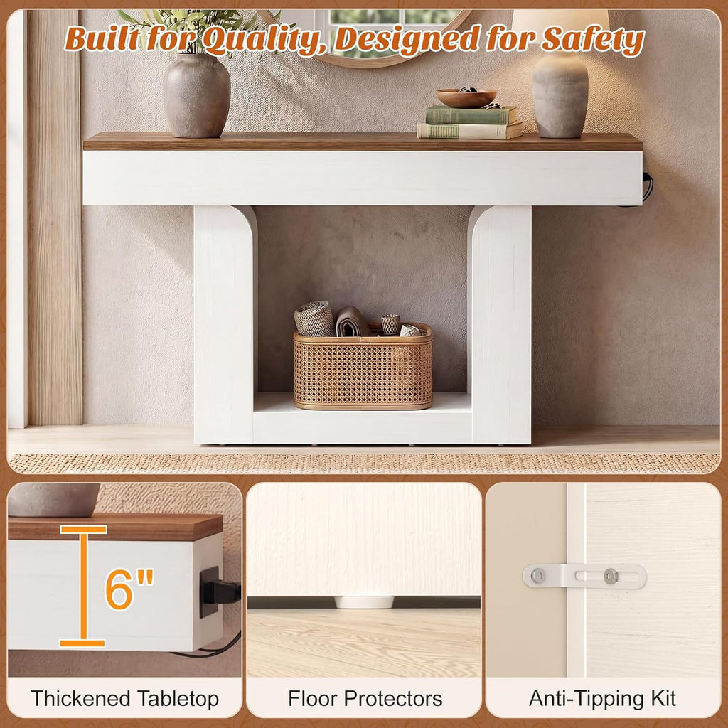 Homieasy Console Table, 47' Entryway Table with LED Lights & Charging Station, Farmhouse Wooden Sofa Table Behind Couch, Narrow Hallway Table for Living Room, Foyer, Entry, Antique White & Brown