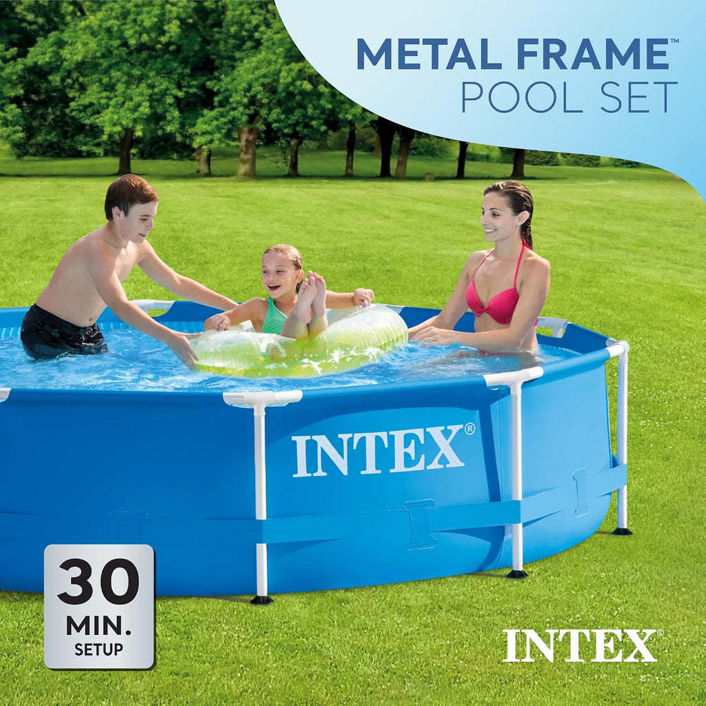 INTEX 10ft x 30in Round Metal Frame Above Ground Pool Set with 330 GPH Filter Pump, Type H Filter Cartridge, and Steel Frame Pool Ladder
