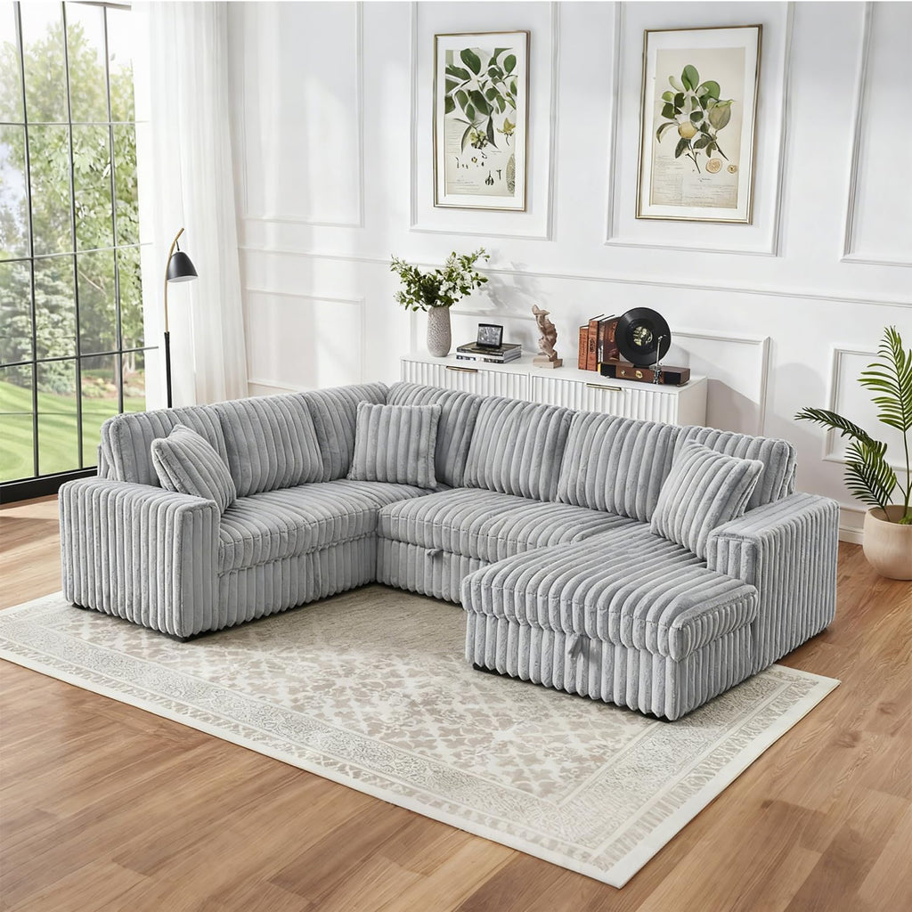122 Inch Oversized U-Shaped Corduroy Sectional Sleeper Sofa with Pull Out Bed, Fluffy Plush Convertible Couch Bed with Storage Chaise for Living Room, Grey
