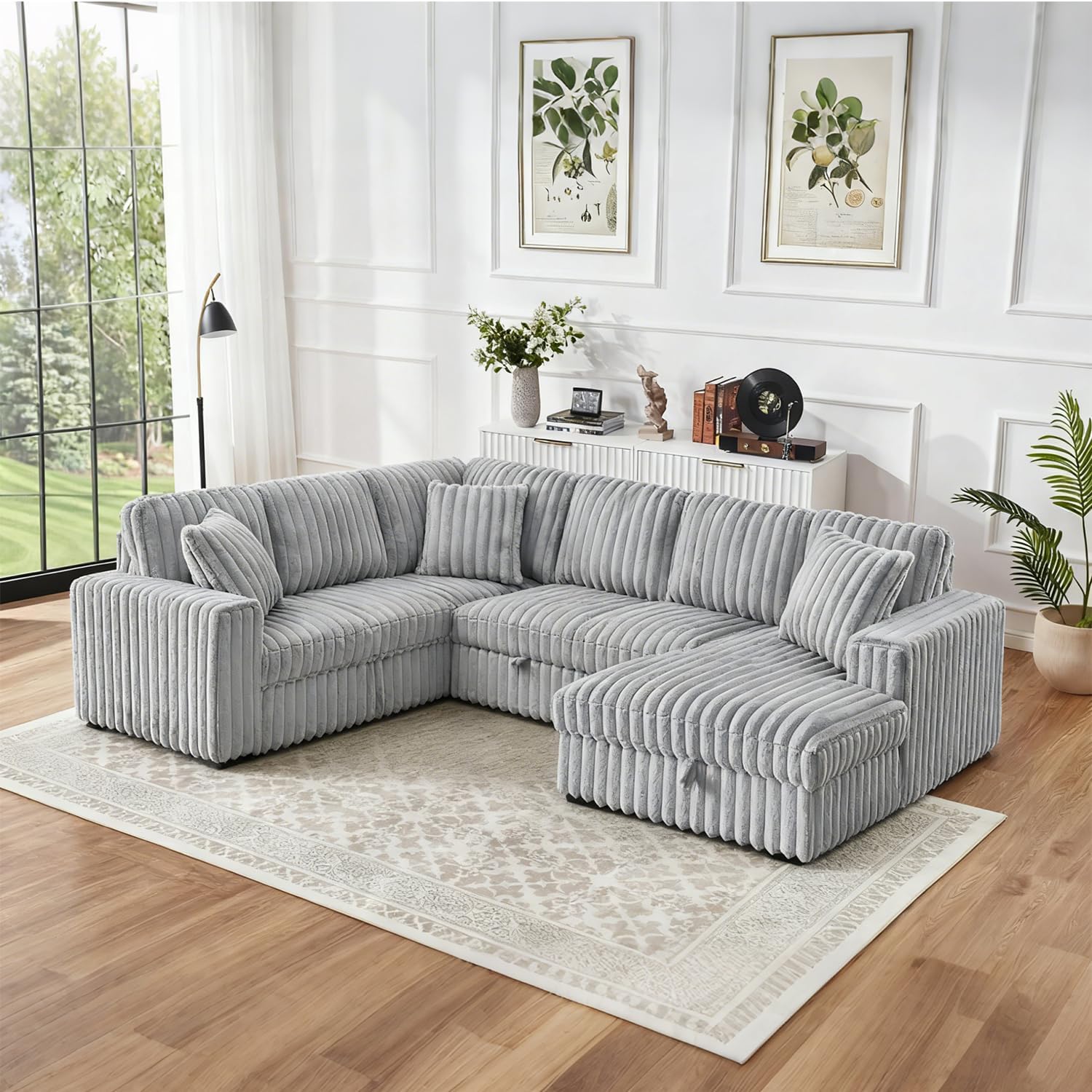 122 Inch Oversized U-Shaped Corduroy Sectional Sleeper Sofa with Pull Out Bed, Fluffy Plush Convertible Couch Bed with Storage Chaise for Living Room, Grey