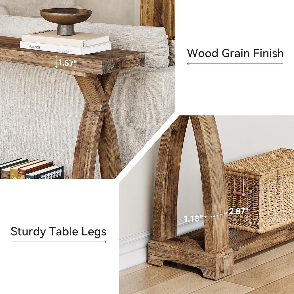 Solid Wood Console Table for Entryway, 63-Inch Narrow Farmhouse Couch Table Behind Sofa with 2-Tier Storage for Entrance, Foyer, Living Room, Long, Rustic Brown