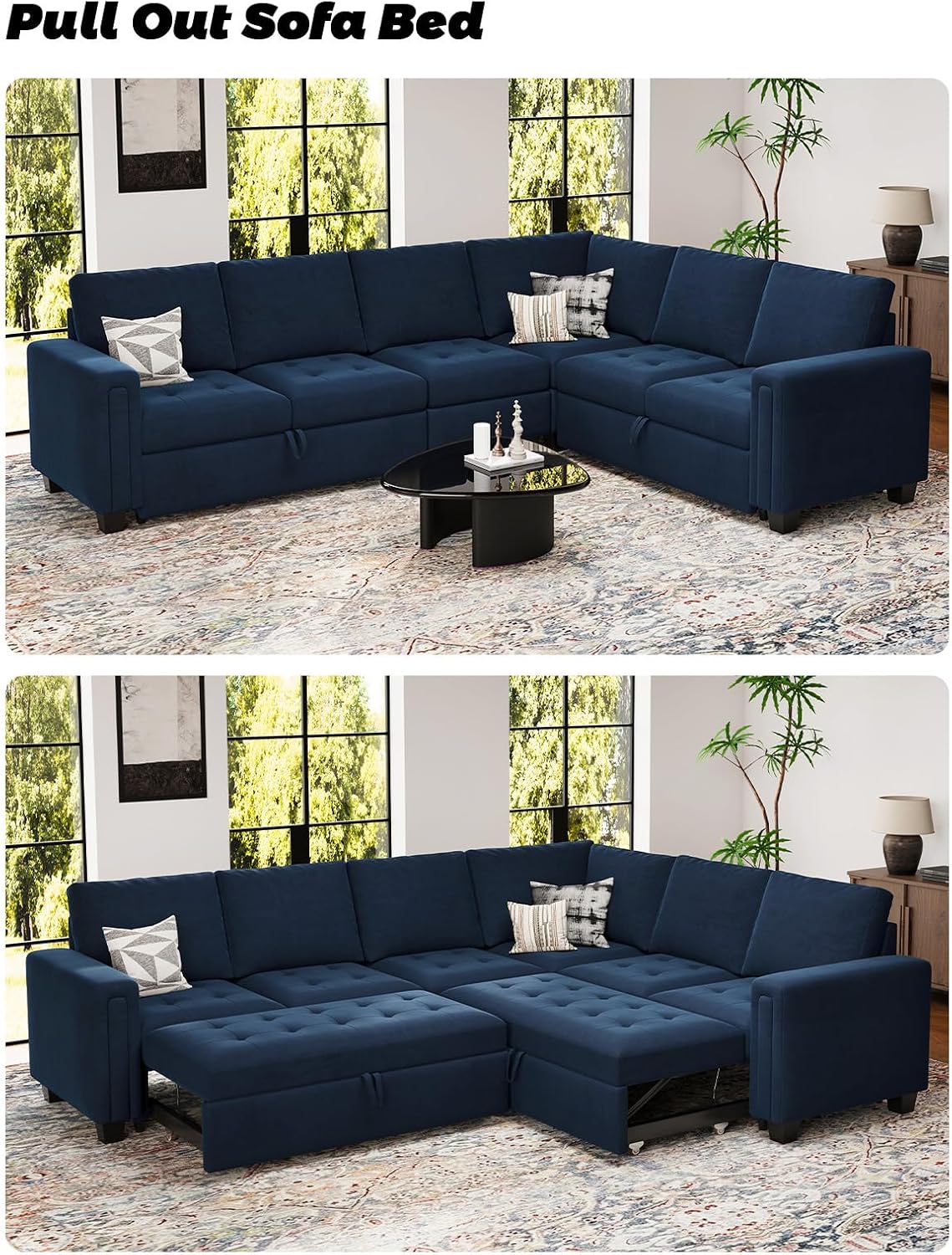 Belffin Oversized Modular Sectional Sleeper Sofa with Pull Out Couch Bed Velvet Convertible L Shaped Couch Sleeper Sofa Bed Modular Sectional Couches for Living Room Blue