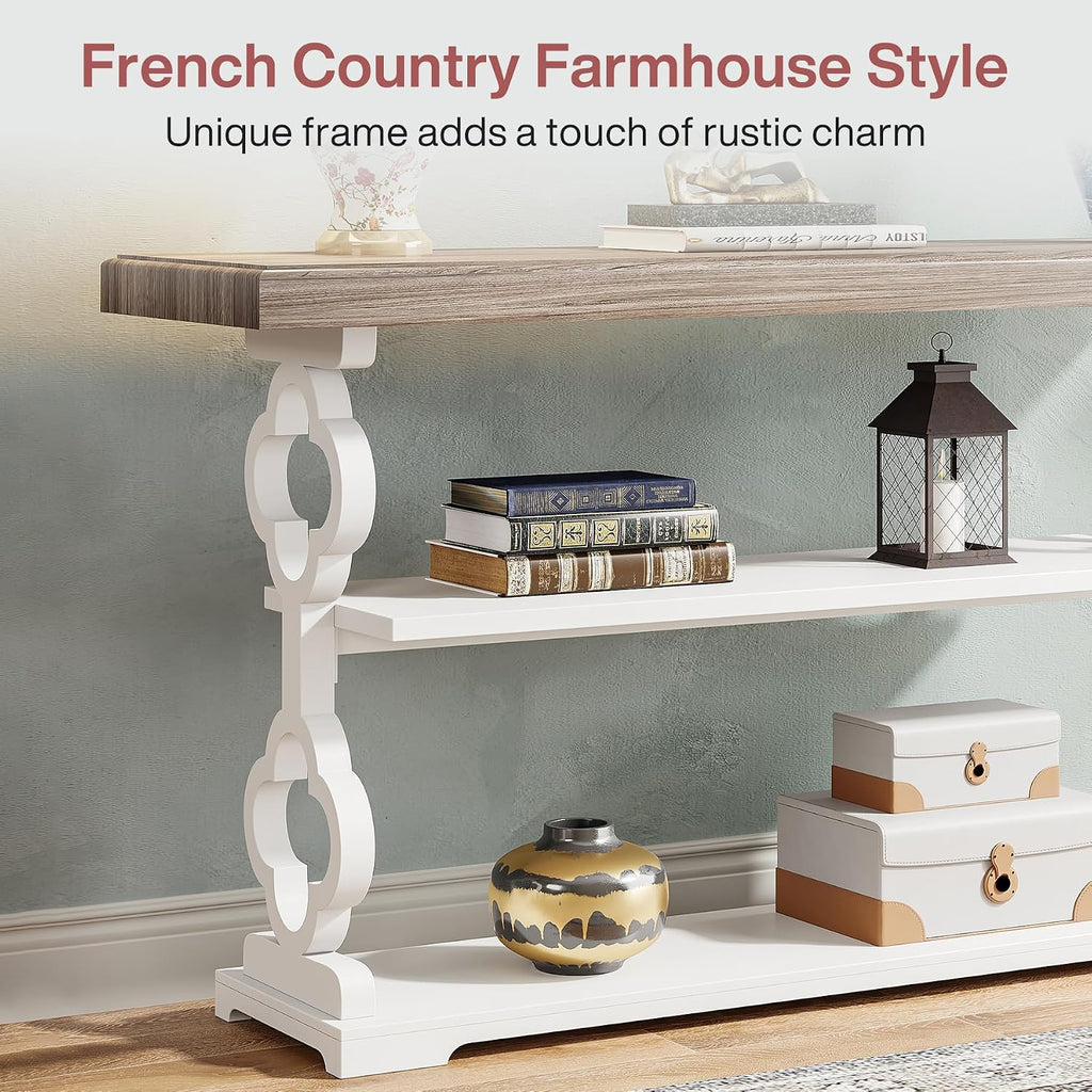 Tribesigns Farmhouse Console Table, 55 inch Long Sofa Table with Storage Shelves, 3 Tier Wood Accent Entry Table for Hallway, Entrance, Living Room, Foyer, Grey and White
