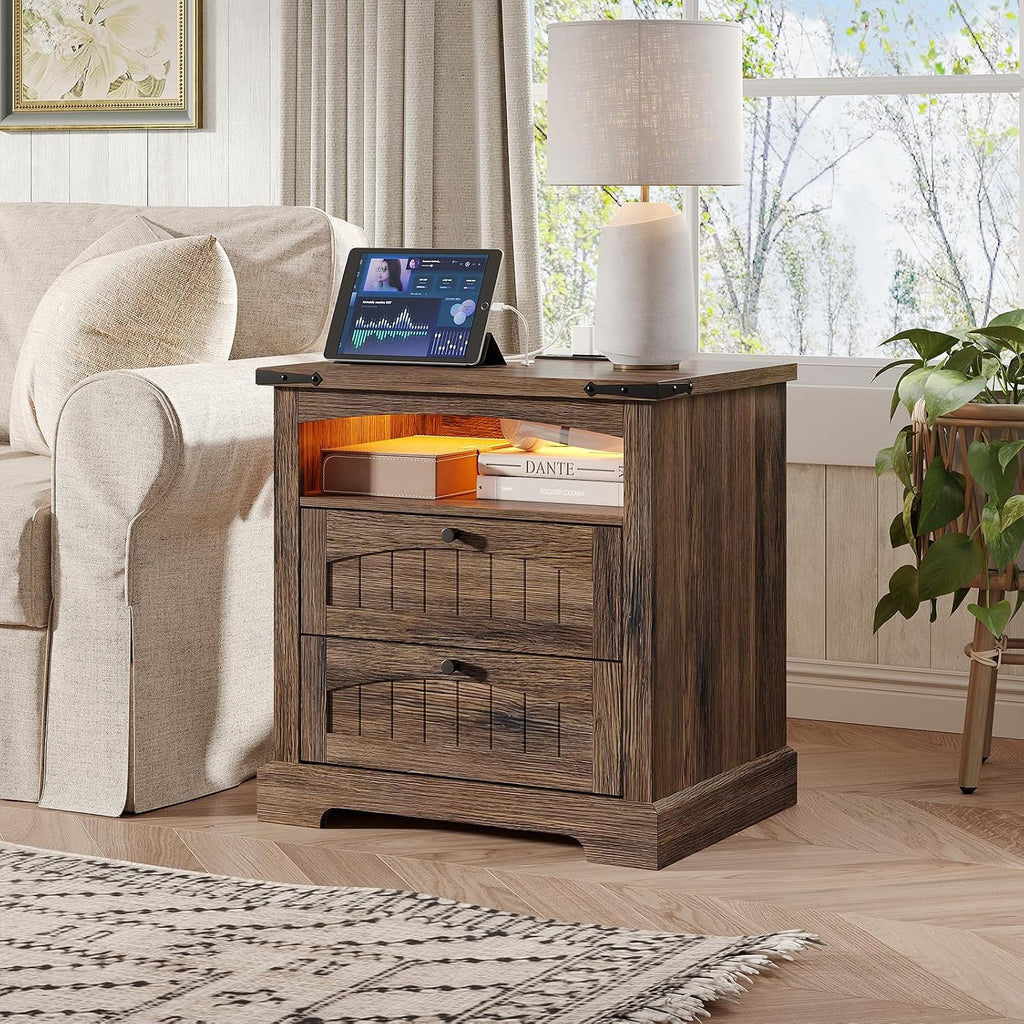 Vabches Nightstand with Charging Station, Vintage End Table with 2 Drawers, Wood Rustic Sofa Side Table with Open Storage Shelf for Bedroom, Living Room