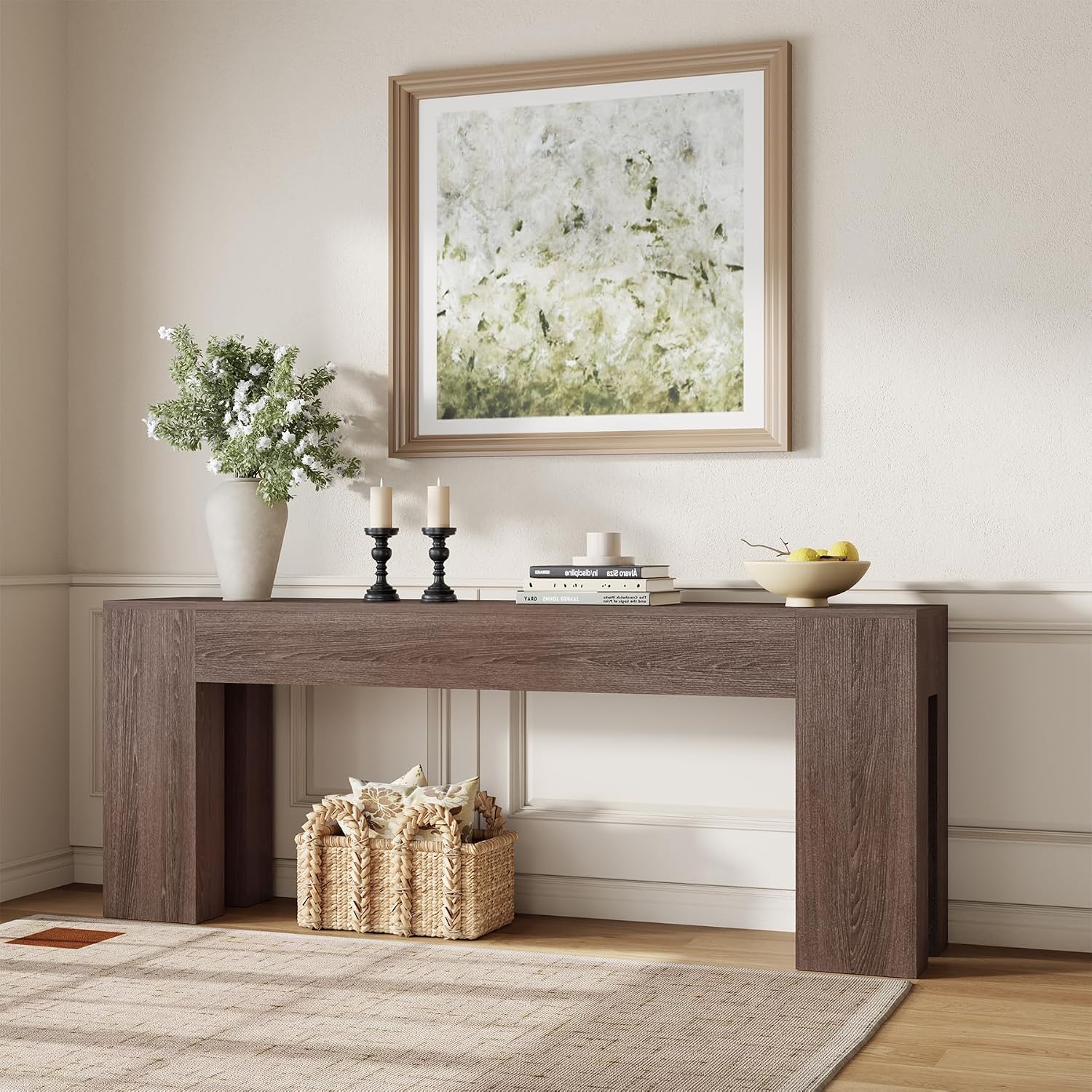Epecoya Extra Long Sofa Console Table for Entryway Living Room, 79-Inch Farmhouse Wood Behind Couch Table, Rectangular Accent Console with Wooden Double Base for Hallway Foyer Entrance, Light Brown