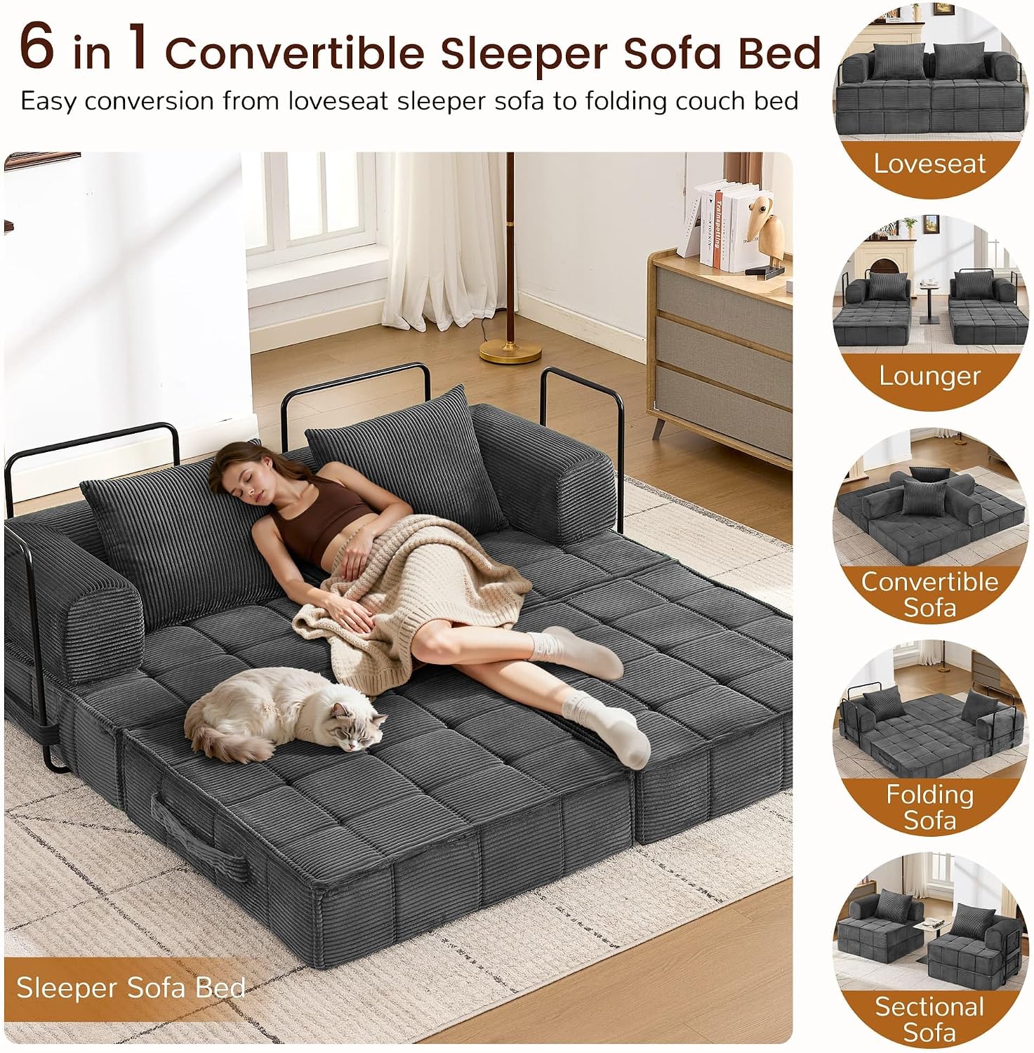 Korser Folding Convertible Sofa Bed, Corduroy Upholstered Boneless Couch, Small Sectional Cloud Couch, Loveseat Sleeper Sofa, Modular Futon Floor Sofa Couch for Living Room Bedroom Lounge, No Assembly