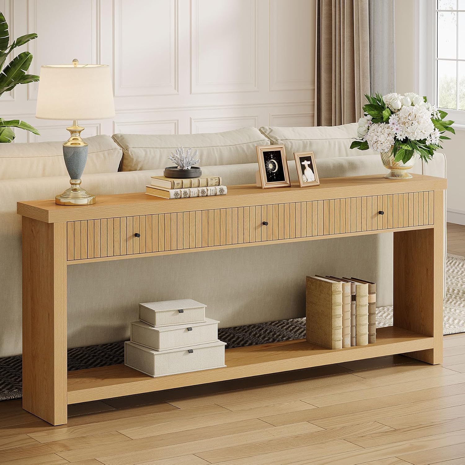 Tribesigns 70.9 inch Extra Long Entryway Table with 3 Drawers, Sofa Console Table with Open Storage Shelves, Oak Color Furniture, Wooden Couch Foyer Tables for Living Room Hallway Entrance