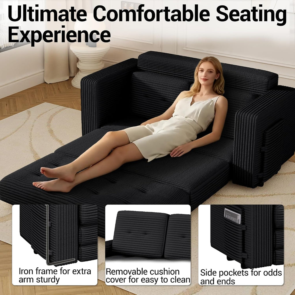 2 in 1 Convertible Sofa Bed, Pull Out Loveseat Boneless Couch, Sleeper Sofabed, Folding Couch Bed with Pillow for Living Room Bedroom, Black | Pull Out Loveseat, Boneless Couch, Sleeper Sofabed, Folding Couch Bed, With Pillow, Living Room Bedroom