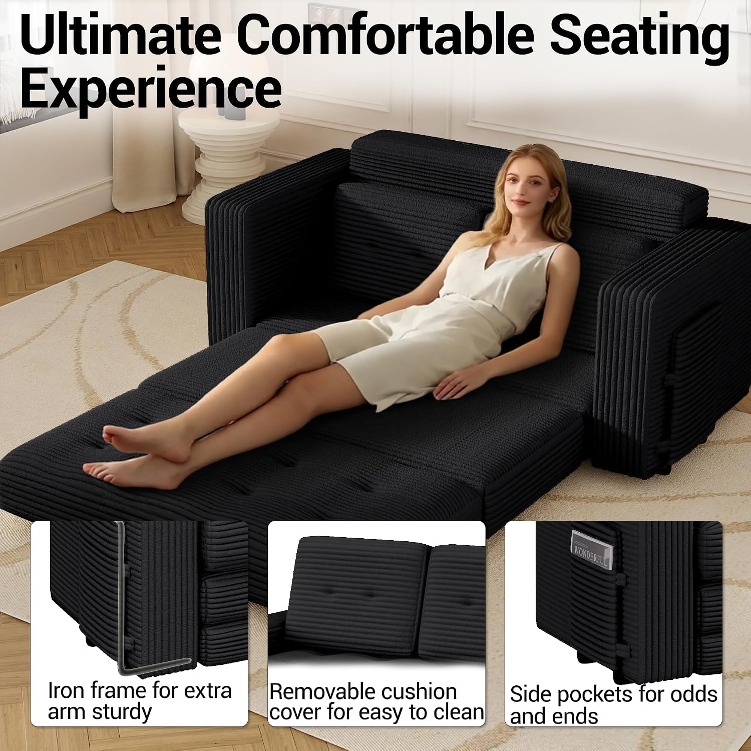 2 in 1 Convertible Sofa Bed, Pull Out Loveseat Boneless Couch, Sleeper Sofabed, Folding Couch Bed with Pillow for Living Room Bedroom, Black | Pull Out Loveseat, Boneless Couch, Sleeper Sofabed, Folding Couch Bed, With Pillow, Living Room Bedroom