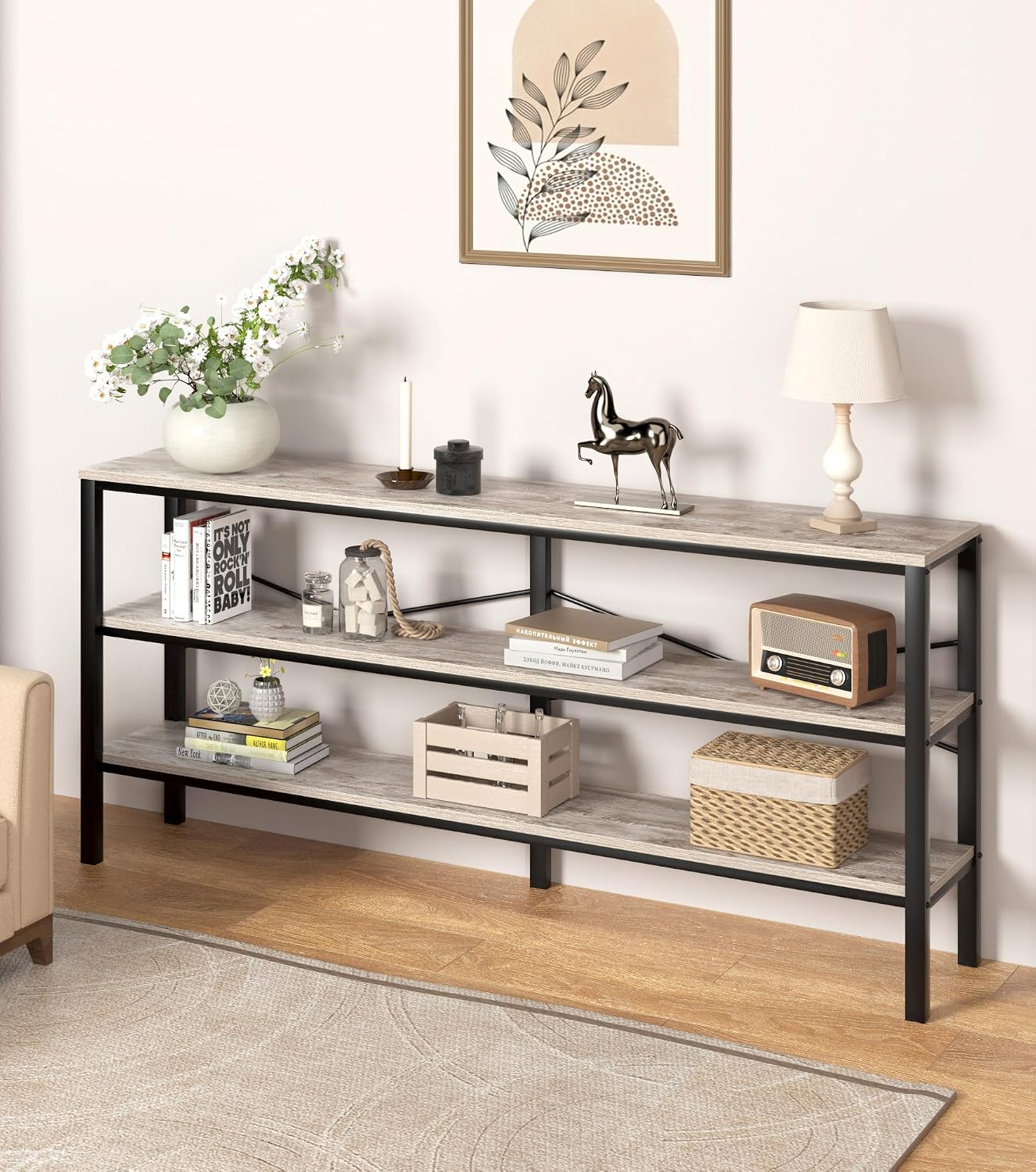 71 Inch Industrial Console Table Behind Couch, Extra Long Sofa Table with 3 Tier Wood Storage Shelves, TV Table with Metal Frame for Living Room, Foyer, Hallway (Oak Grey)