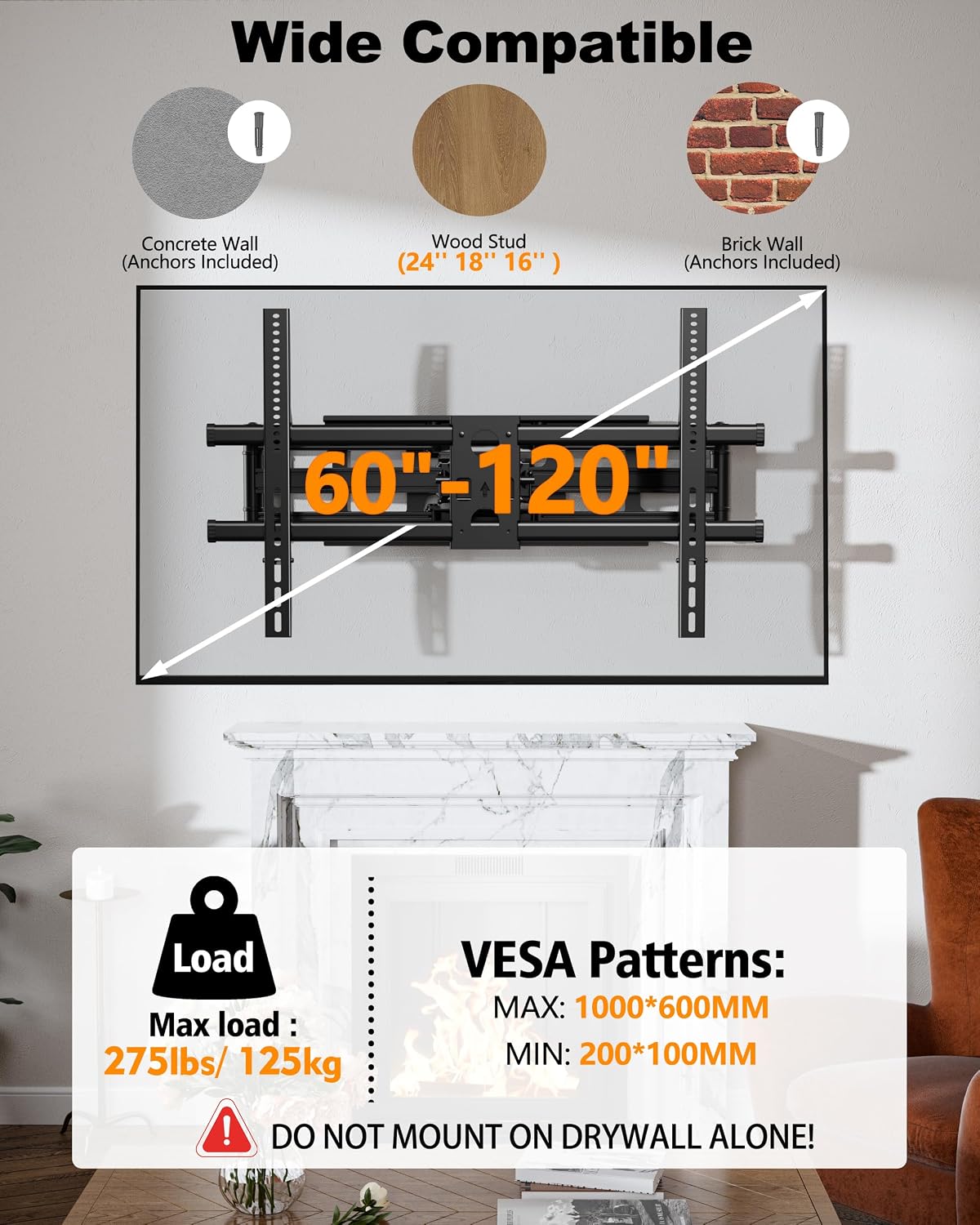 FORGING MOUNT Heavy Duty 60 to 120 inch XXXL Full Motion TV Wall Mount Max VESA1000x600mm Up to 275lbs for Extra Large Big Screens,Universal Articulating TV Mount Bracket Swivel Tilt,16-24' Studs