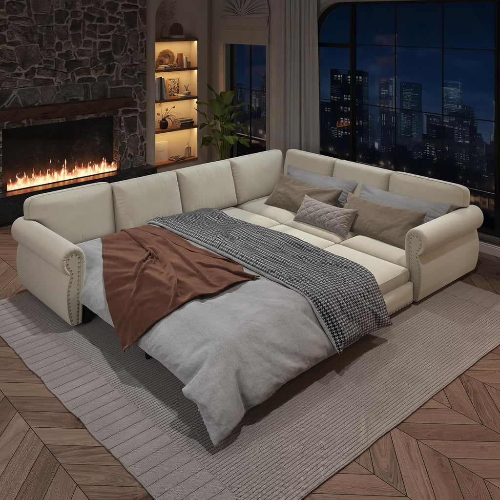 118'' Sleeper Sofa Bed, Convertible Pull Out Couch, Upholstered Sectional Sofa, Chenille L-Shaped Couch with Nailhead Trim, 6-Seater Modern Sectional Couches for Living Room, Apartment, Beige