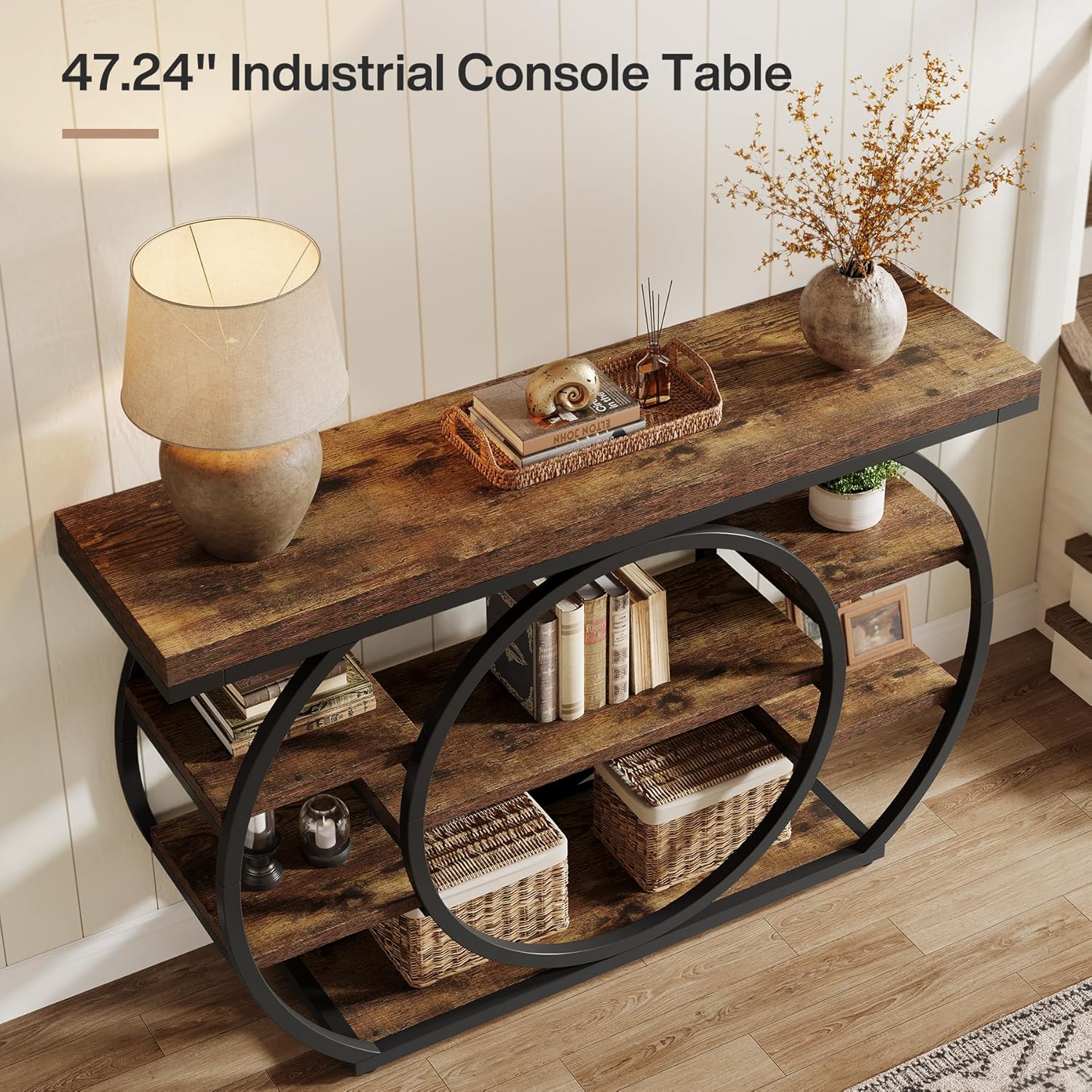 Tribesigns 47' Console Table for Living Room, 5-Tier Industrial Entryway Table with Metal Frame, Narrow Sofa Table Behind Couch Accent Tables for Entryway, Hallway, Foyer, Rustic Brown