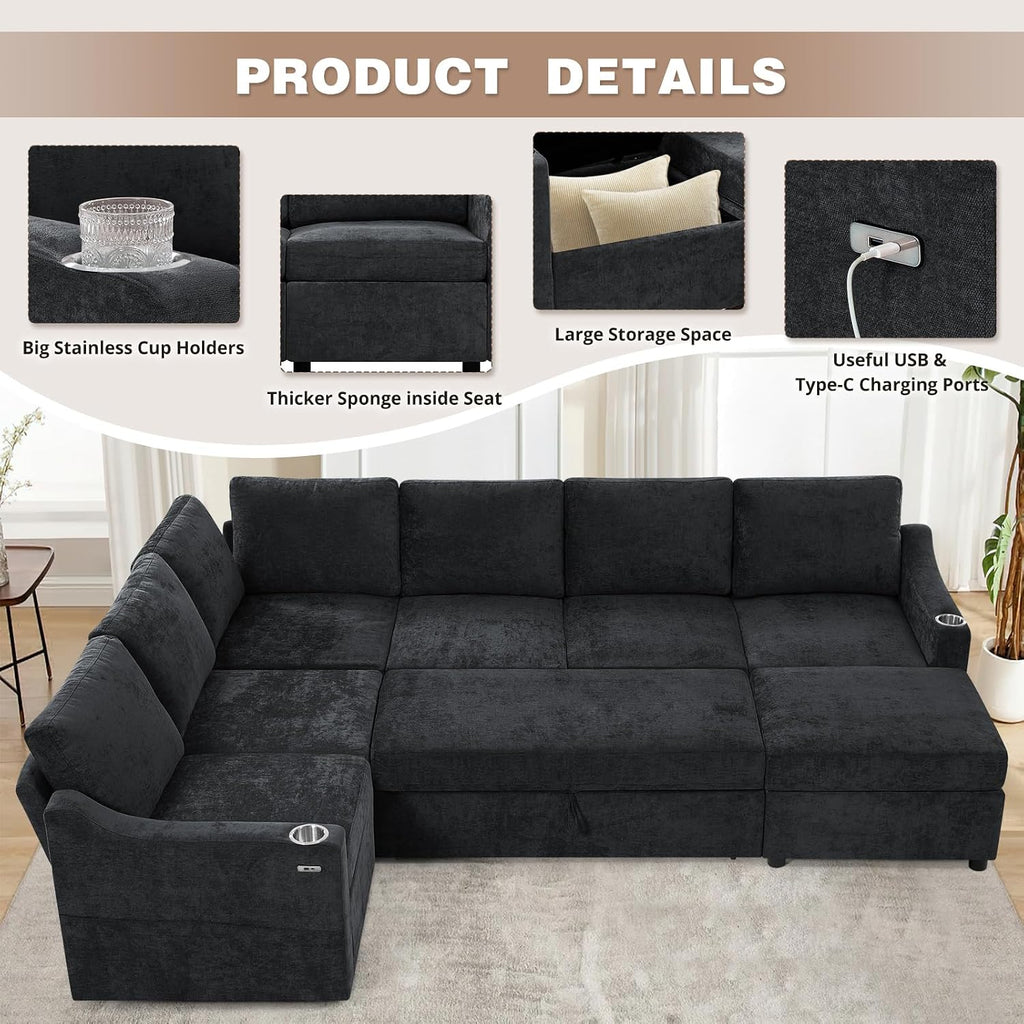 116' Chenille Modular Sofa Bed w/Adjustable Backrests, U-Shape Sleeper Sofa w/USB Ports & Storage Space, Convertible Corner Sectional Couch w/Pull Out Bed for House, Living Room, Black