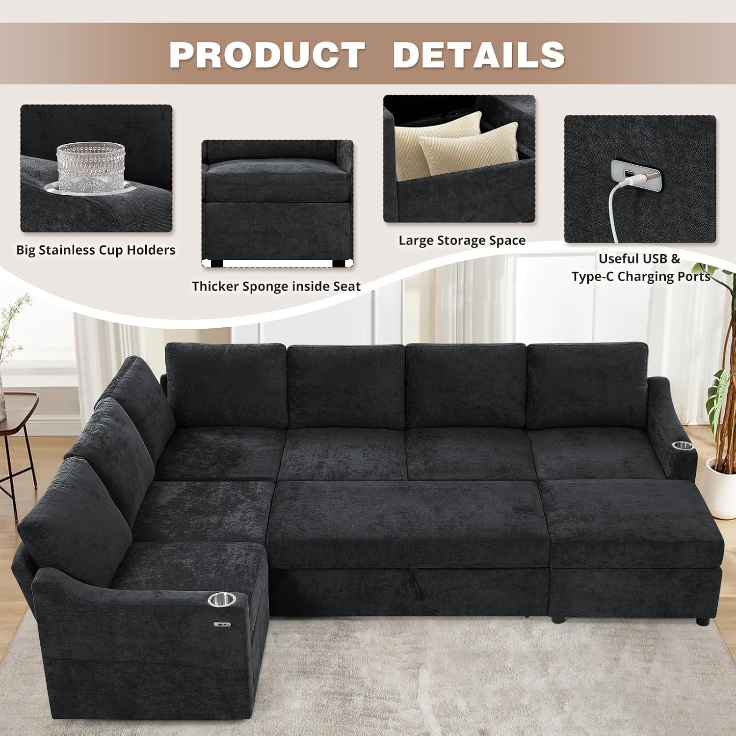 116' Chenille Modular Sofa Bed w/Adjustable Backrests, U-Shape Sleeper Sofa w/USB Ports & Storage Space, Convertible Corner Sectional Couch w/Pull Out Bed for House, Living Room, Black