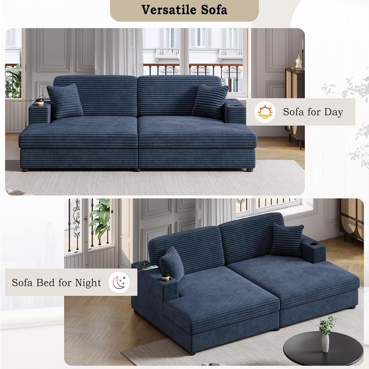 Merax 86.5' W*62' L Oversized Sleeper Sofa Bed, Corduroy Upholstery Sectional Couch Loveseat Chaise Lounge with 2 Throw Pillows, USB Ports, Cup Holders for Living Room and Bedroom, Blue