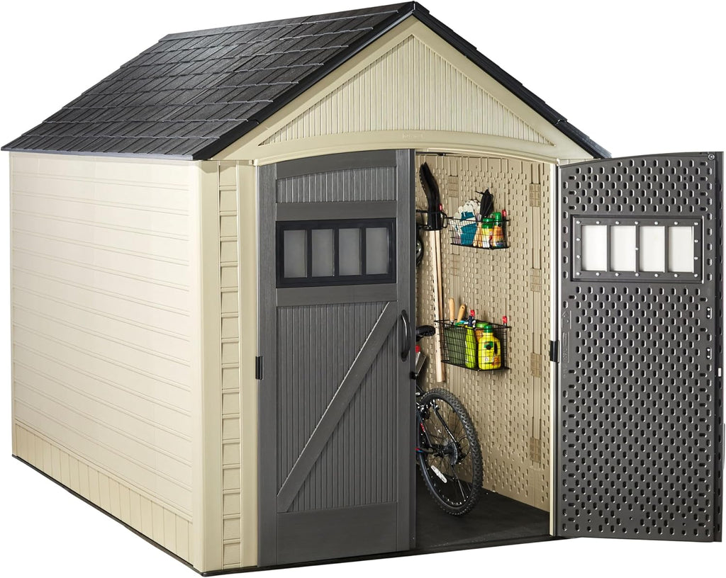 Rubbermaid Resin Outdoor Storage Shed With Floor (7 x 10.5 Ft) Weather Resistant, Brown Gable, Organization for Home/Backyard/Garden Tools/Lawn Mower/Bike Storage/Pool Supplies