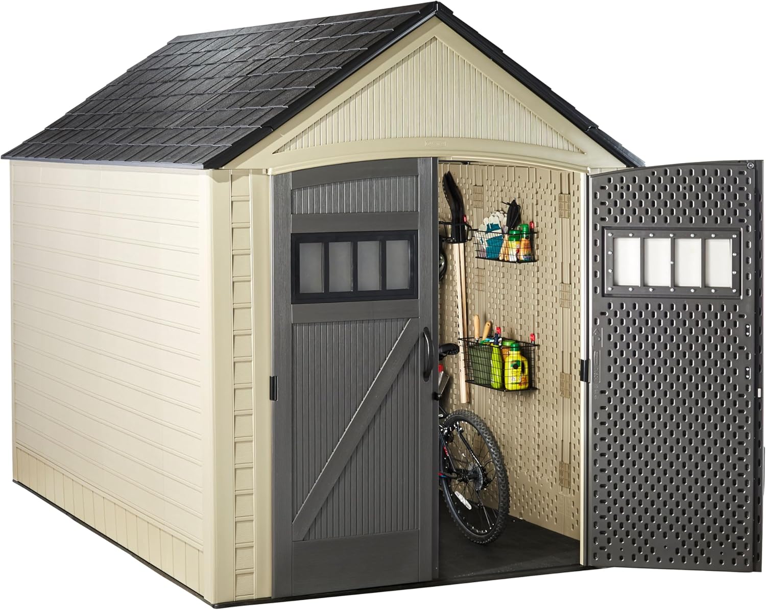 Rubbermaid Resin Outdoor Storage Shed With Floor (7 x 10.5 Ft) Weather Resistant, Brown Gable, Organization for Home/Backyard/Garden Tools/Lawn Mower/Bike Storage/Pool Supplies