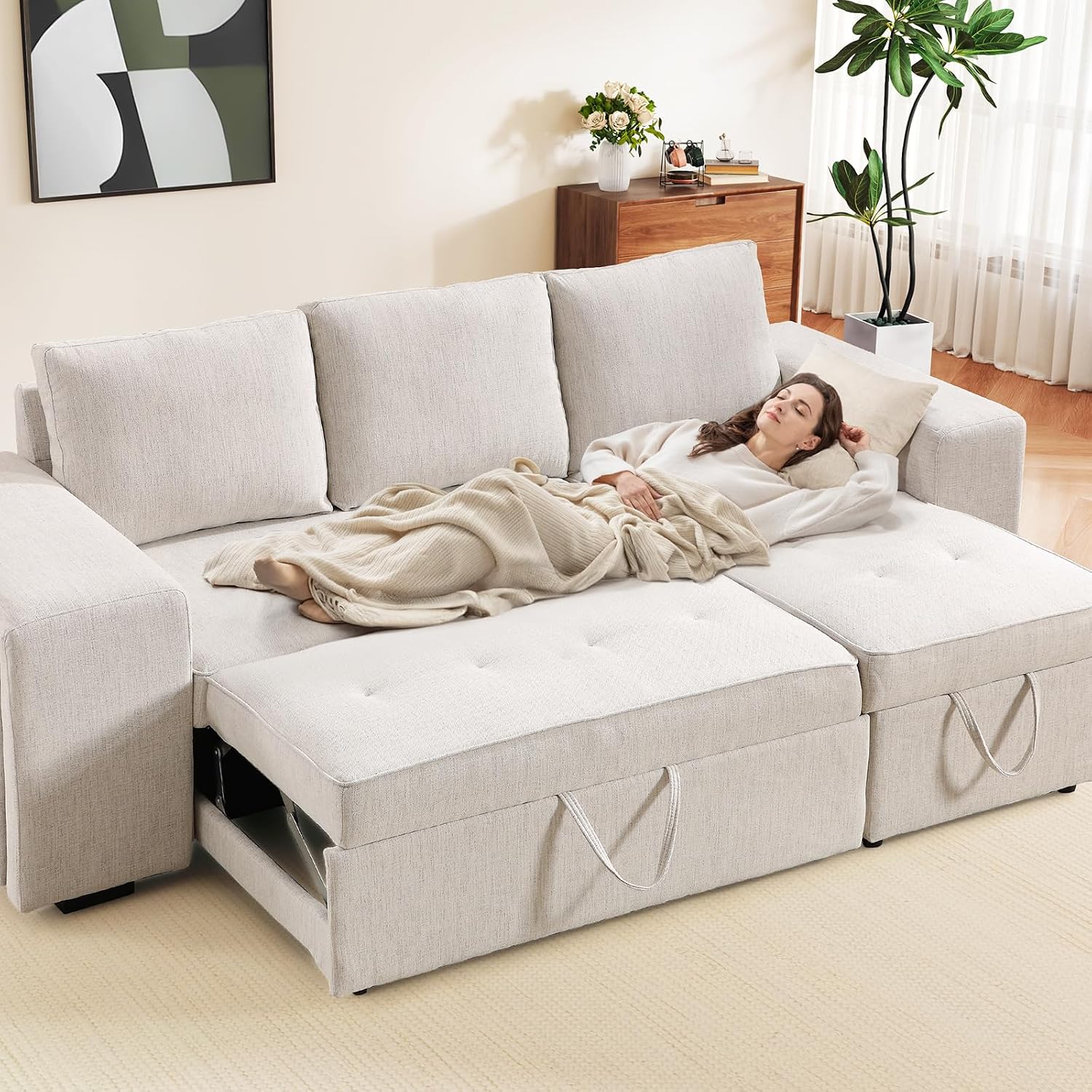 ANJ Chenille Sleeper Sofa Couch with Pullout Bed, 4 in 1 L Shaped Modular Sectional Sofa with Storage Ottoman for Living Room(Beige)