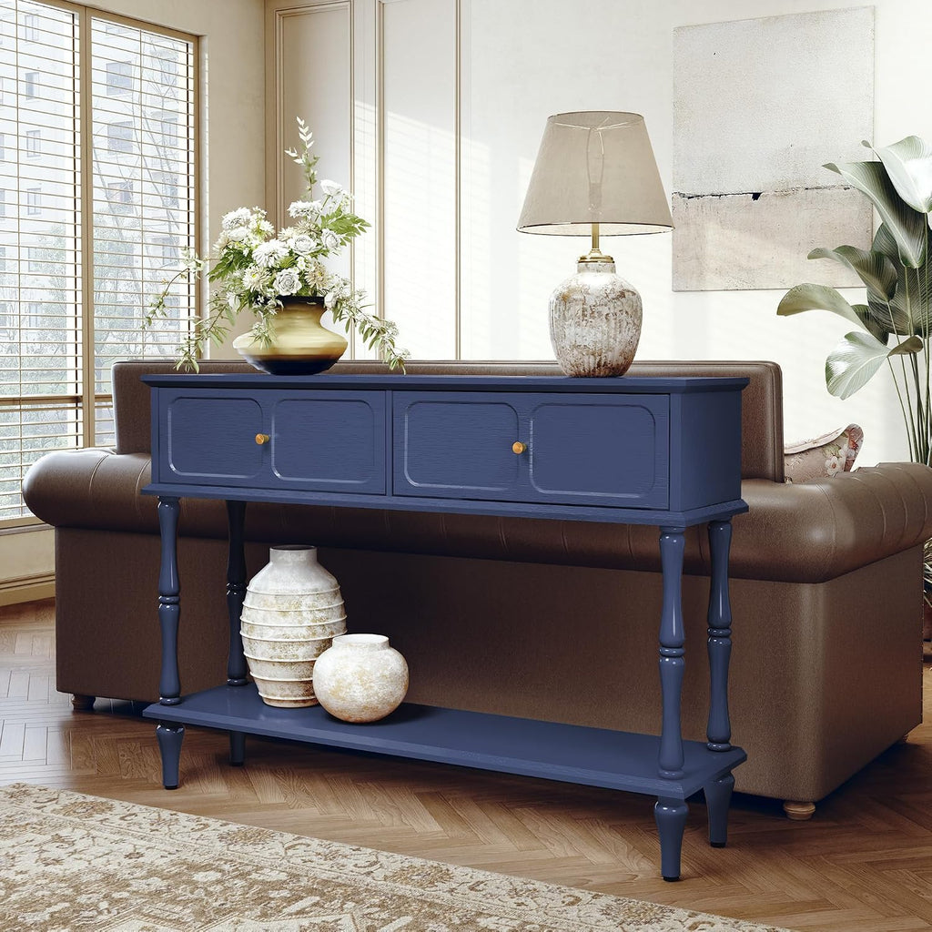 ARTPOWER Console Table with Drawers for Entryway, Mid-Century Entryway Table with Storage, Blue Narrow Entryway Table with Open Shelf Behind Sofa for Living Room, Foyer, Hallway