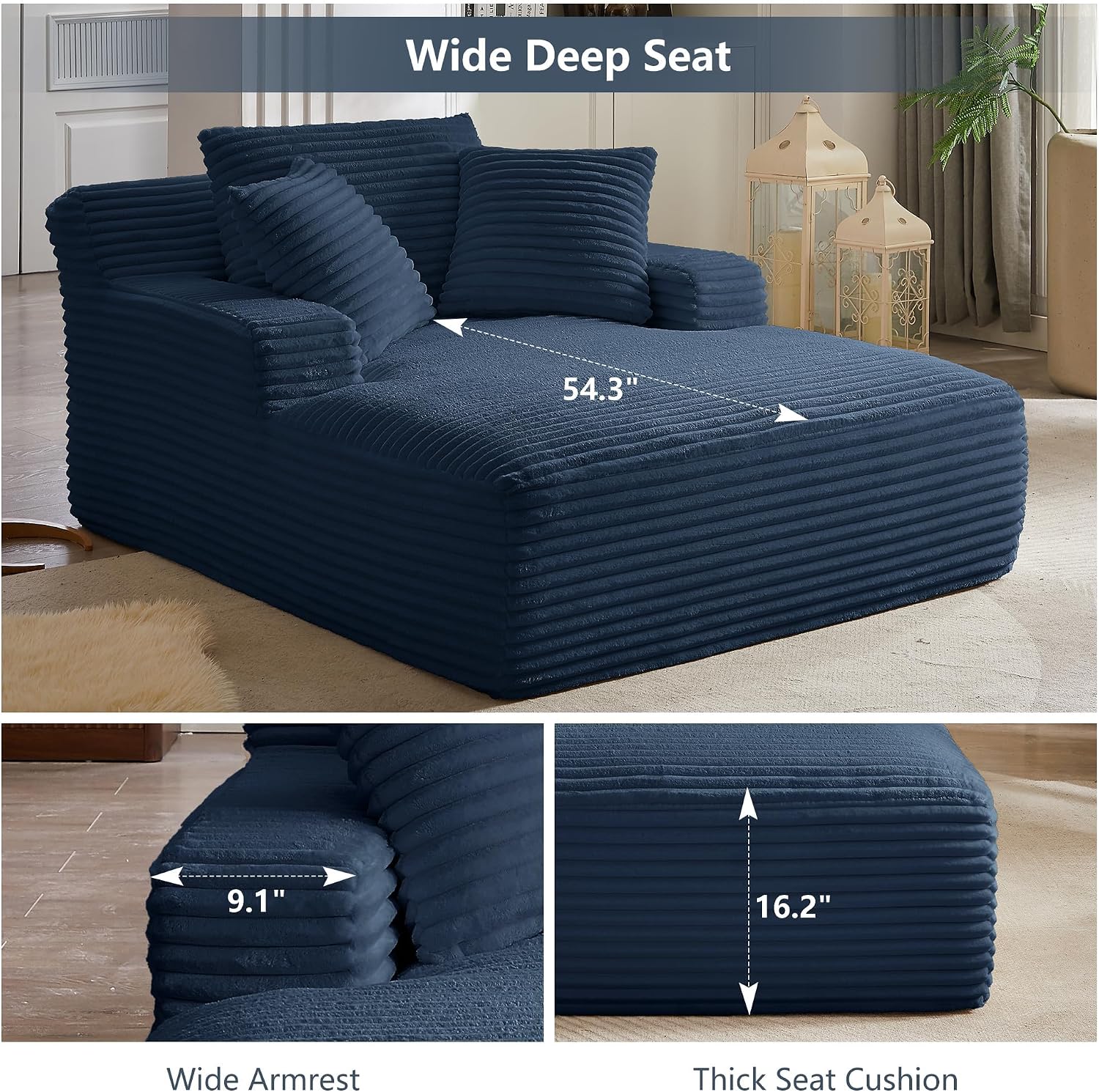 Tmsan 50' Oversized Chaise Lounge Sofa Chair Indoor, Modern Corduroy Sleeper Sofa Cloud Couch with 3 Soft Pillows, Comfy Single Seat Floor Sofa for Living Room Apartment Office, Blue