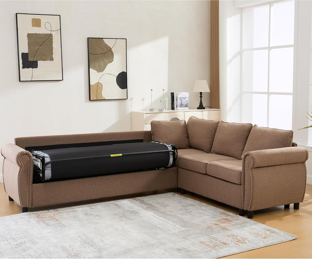 104'' Sleeper Sofa Bed, L Shaped Sectional Sofa with Pull Out Couch Bed, Queen Size 6 Seater Sofa with Memory Foam Mattress, Sectional Couches for Living Room Furniture Set, Brown