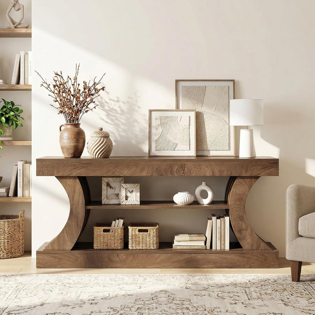 Tribesigns 63-Inch Farmhouse Entryway Console Table with Storage, TV Console with Curved Design for Living Room, Bedroom, Brown (Brown, 15.75' D x 63' W x 23.6' H)