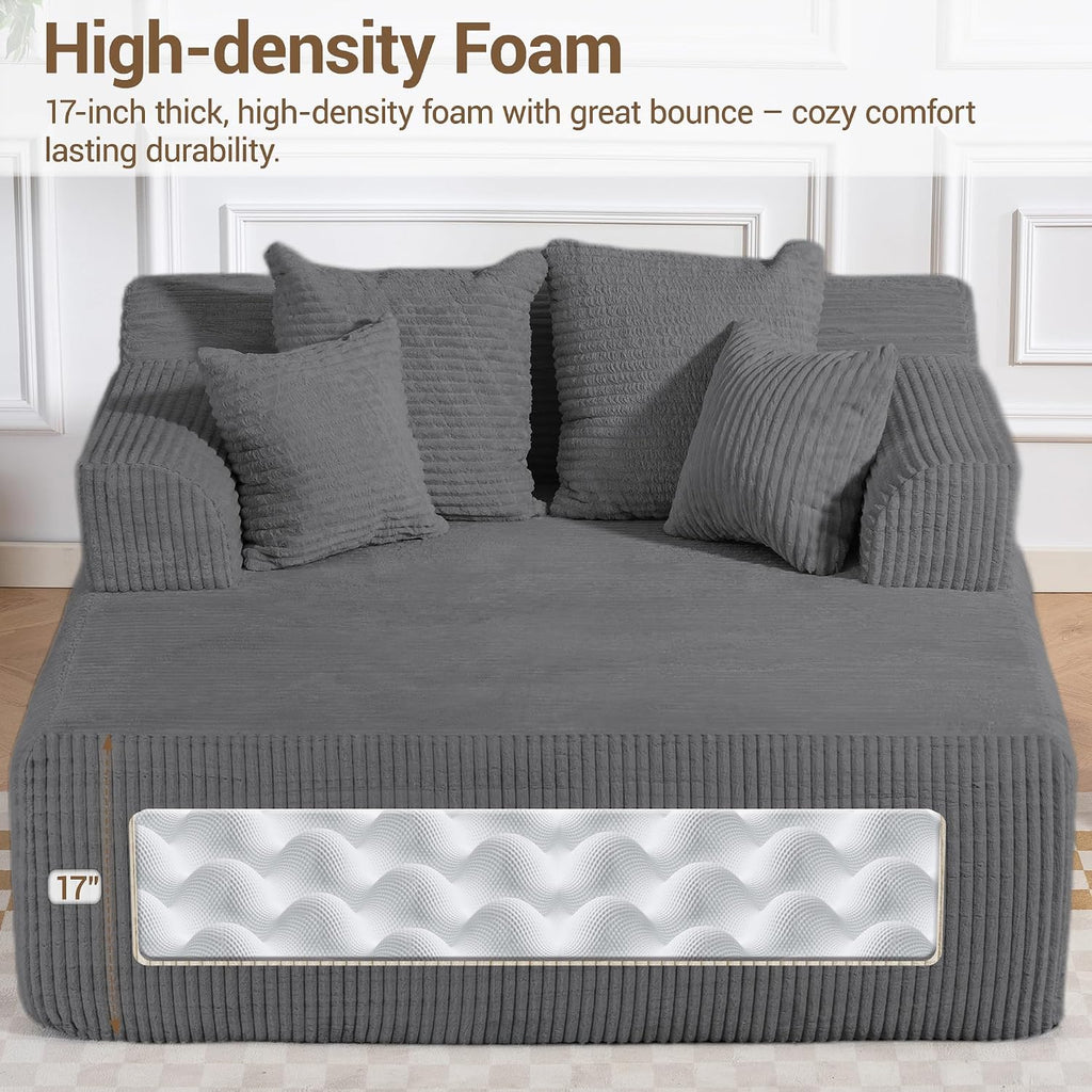 58' Oversized Boneless Chair, Corduroy Lounge Chaise Chair Indoor Sleeper Sofa Bed with Arms and 4 Pillows, No Assembly for Bedroom Living Room, Grey