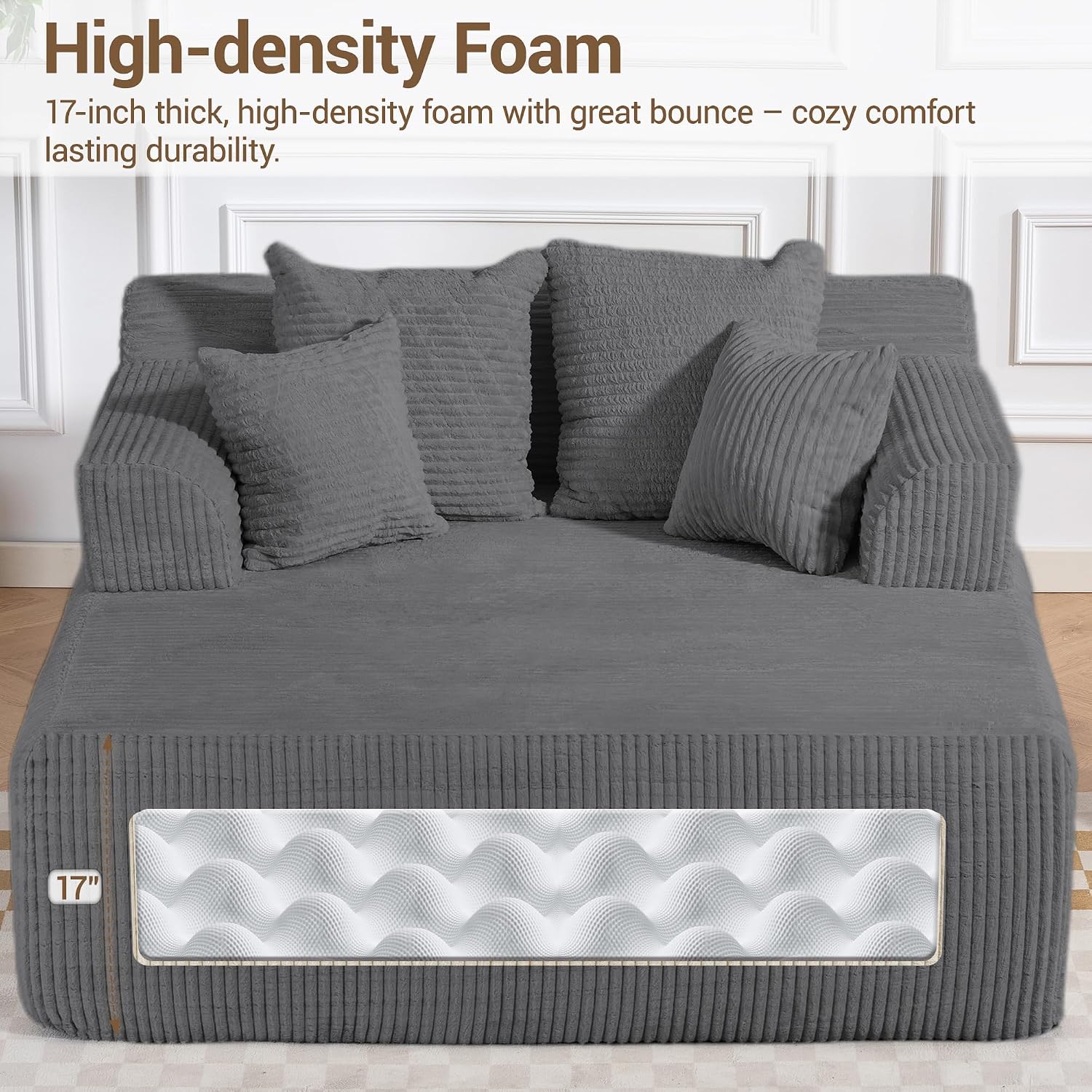 58' Oversized Boneless Chair, Corduroy Lounge Chaise Chair Indoor Sleeper Sofa Bed with Arms and 4 Pillows, No Assembly for Bedroom Living Room, Grey